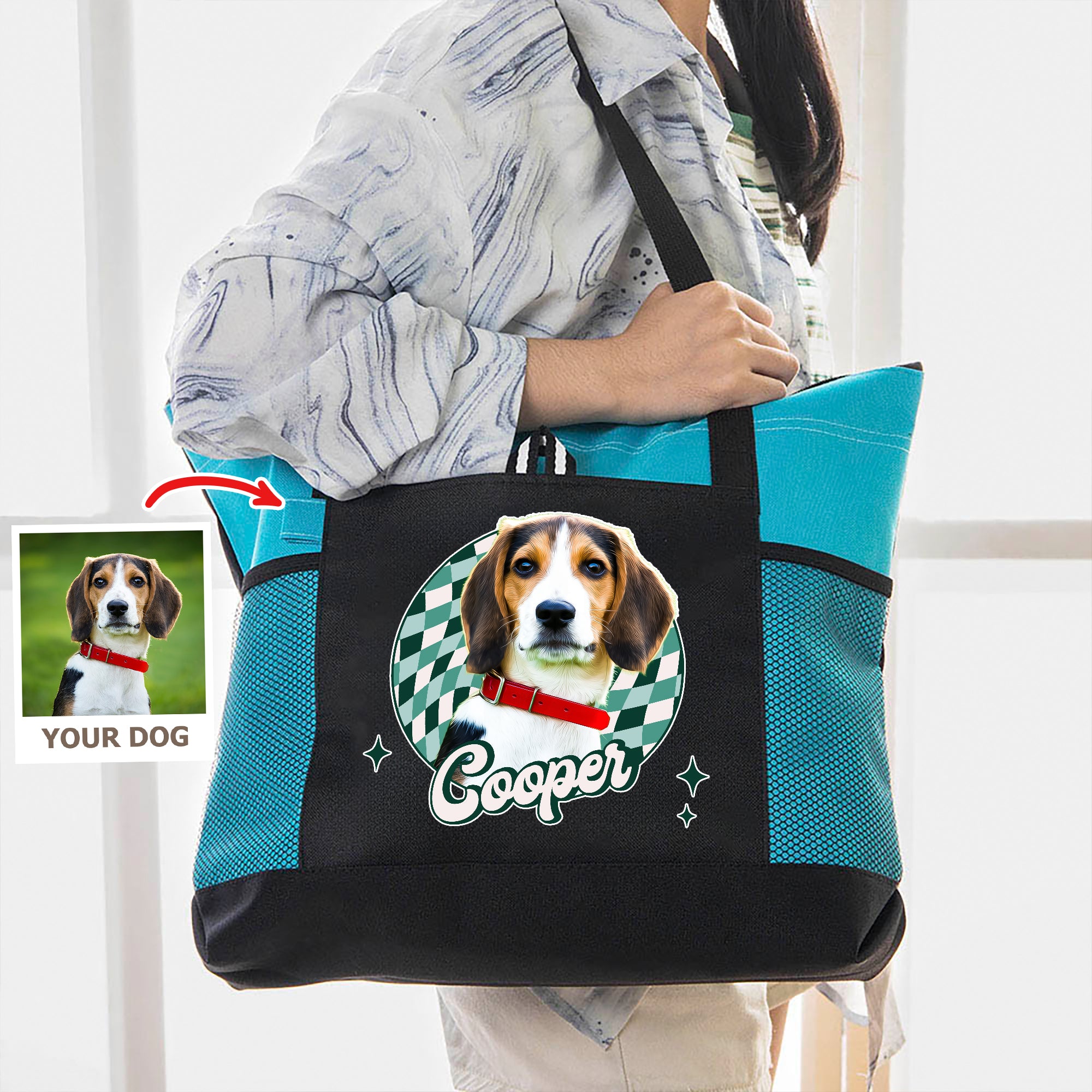 Bolsa de asas Oxford grande con nombre y bolsillos de malla personalizada con foto de mascota al óleo Regalo de cumpleaños de uso diario para dueños de mascotas