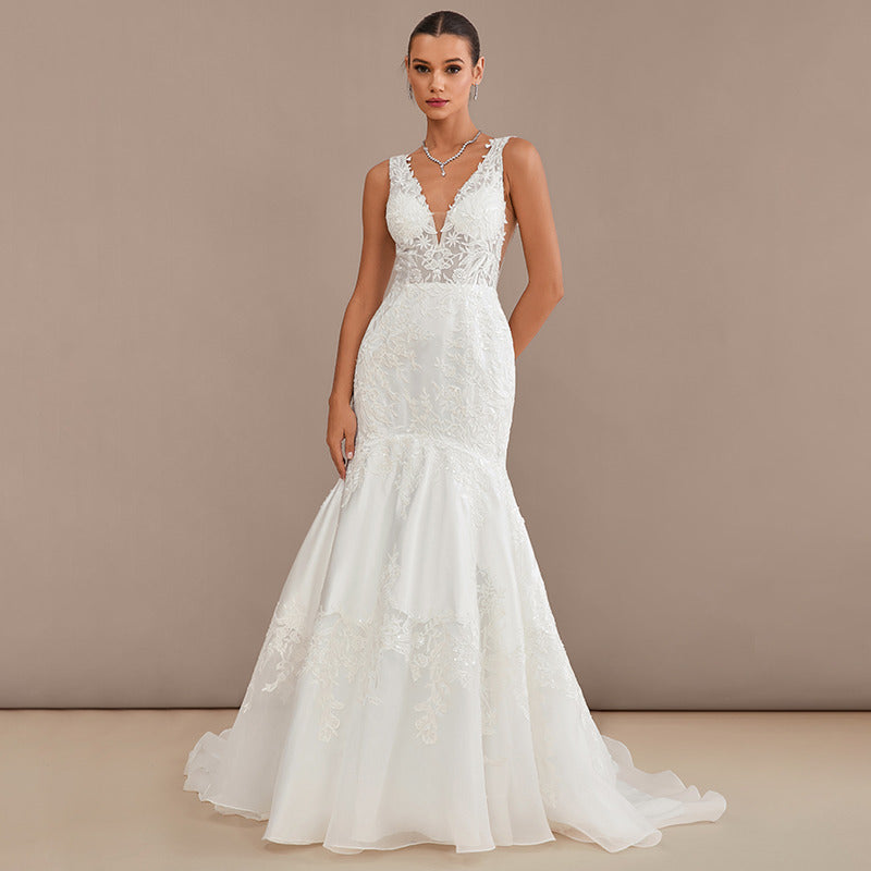 Bridal Wedding Dress Ivory Sleeveless Long V-Neck Mermaid