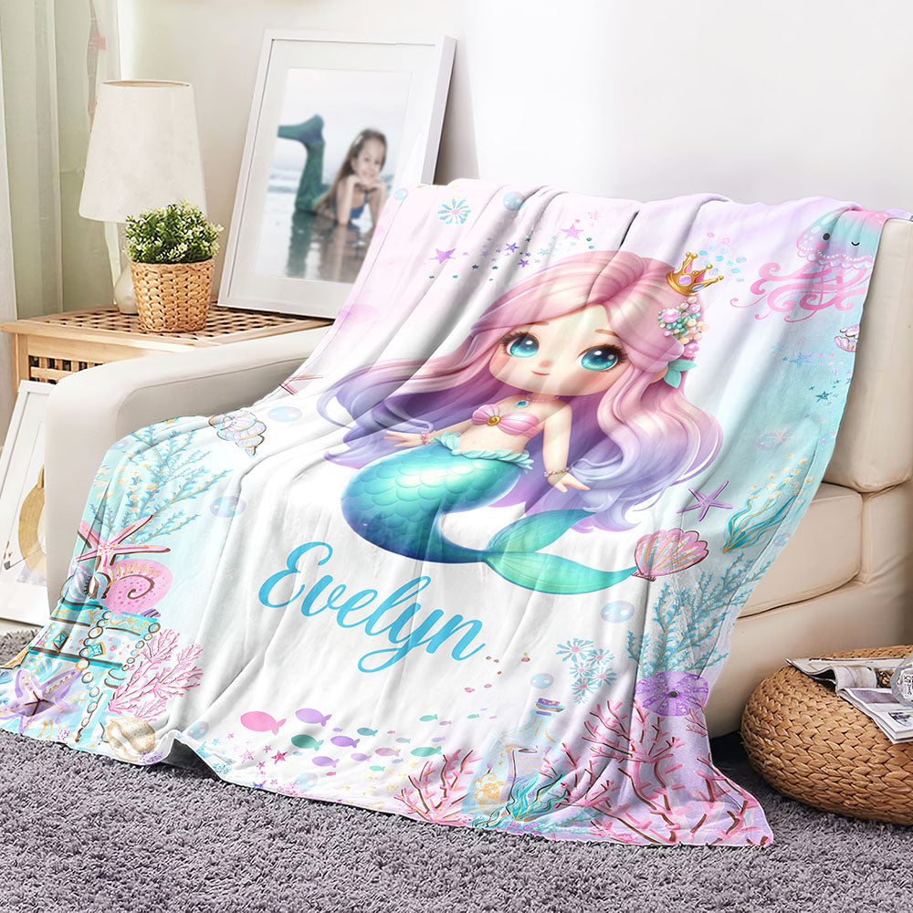 Fantasía personalizada sirena suave manta con nombre decoración del hogar regalo de cumpleaños para las niñas amantes de la sirena
