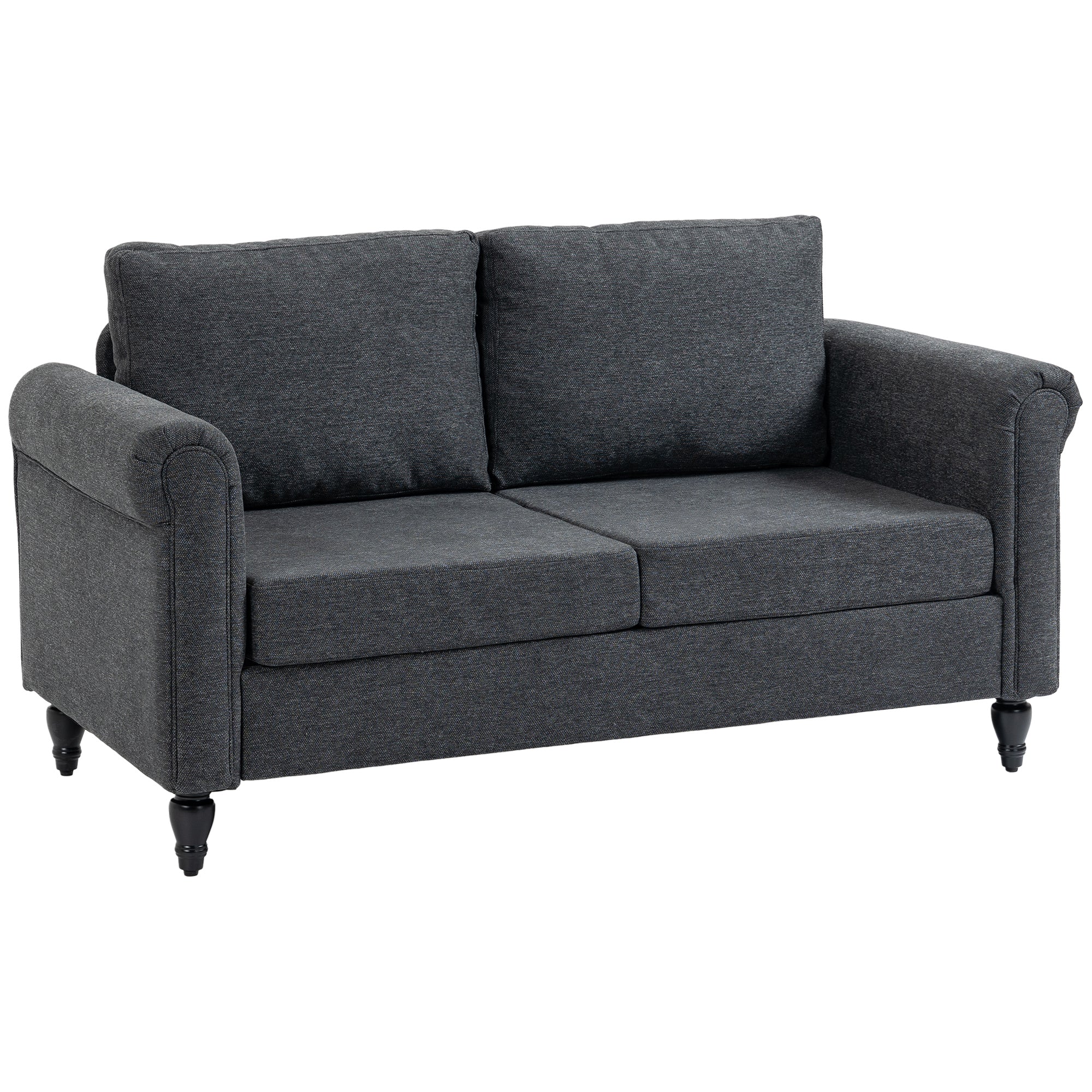 Vintage Chenille Loveseat with Rolled Arms Rubber Wood Legs, Dark Grey