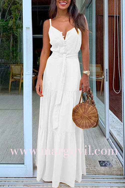Buttons V Neck Sleeveless Tie Waist Maxi Swing Dress