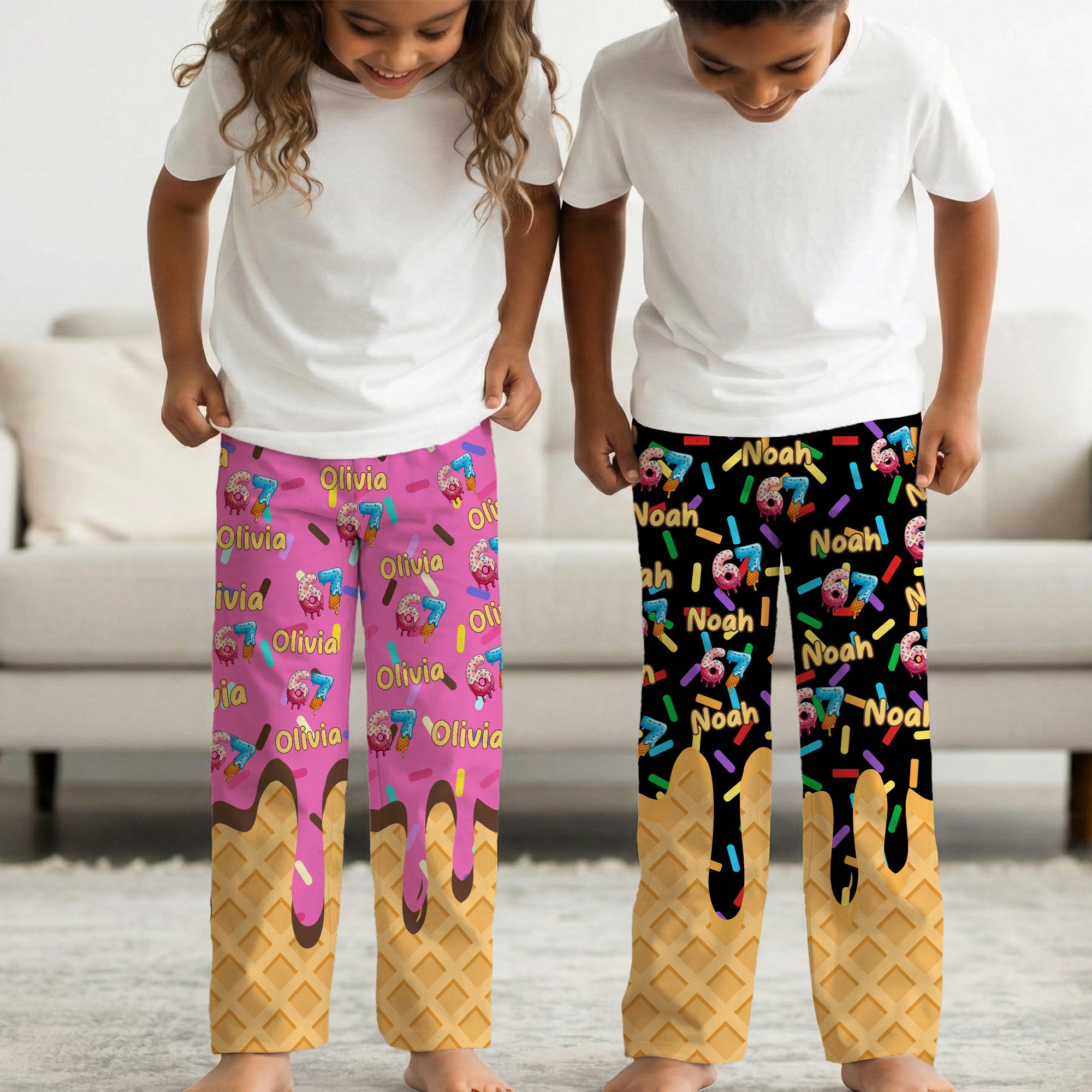 Personalizado Helado 67 Nombre Multicolor Niño Mujer Hombre Pantalones de pijama con cordón desgaste diario Regalo de cumpleaños para la familia amigo