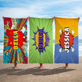 Toalla de playa de gran tamaño, de secado rápido, personalizada, estilo cómic, con nombre Accesorio de verano Fiesta en la playa Regalo de cumpleaños para amigos amantes de los cómics