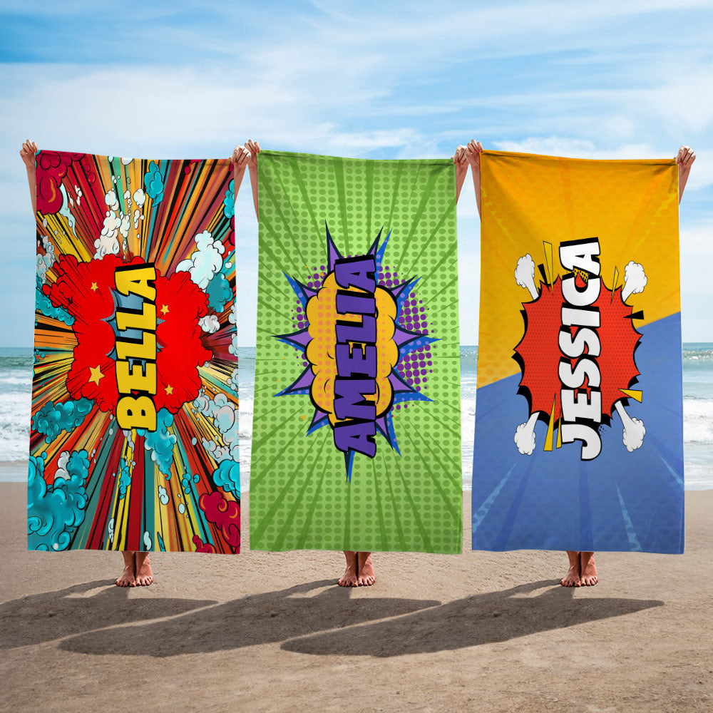 Toalla de playa de gran tamaño, de secado rápido, personalizada, estilo cómic, con nombre Accesorio de verano Fiesta en la playa Regalo de cumpleaños para amigos amantes de los cómics