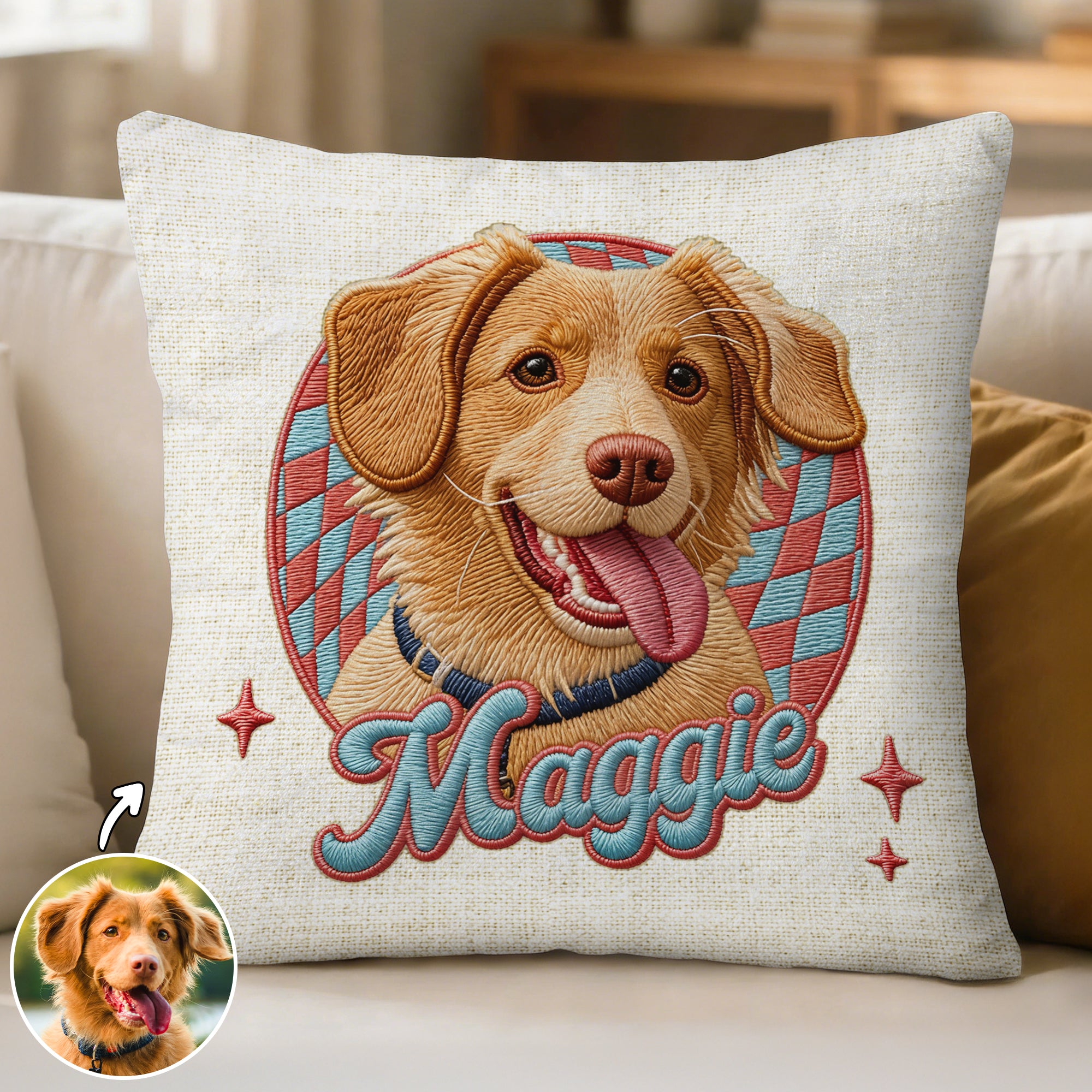 Personalizada linda mascota Foto Checkboard Imitación Bordado Efecto Arrojar Funda de almohada con nombre Decoración del hogar Regalo de cumpleaños para los amantes del gato perro mascota