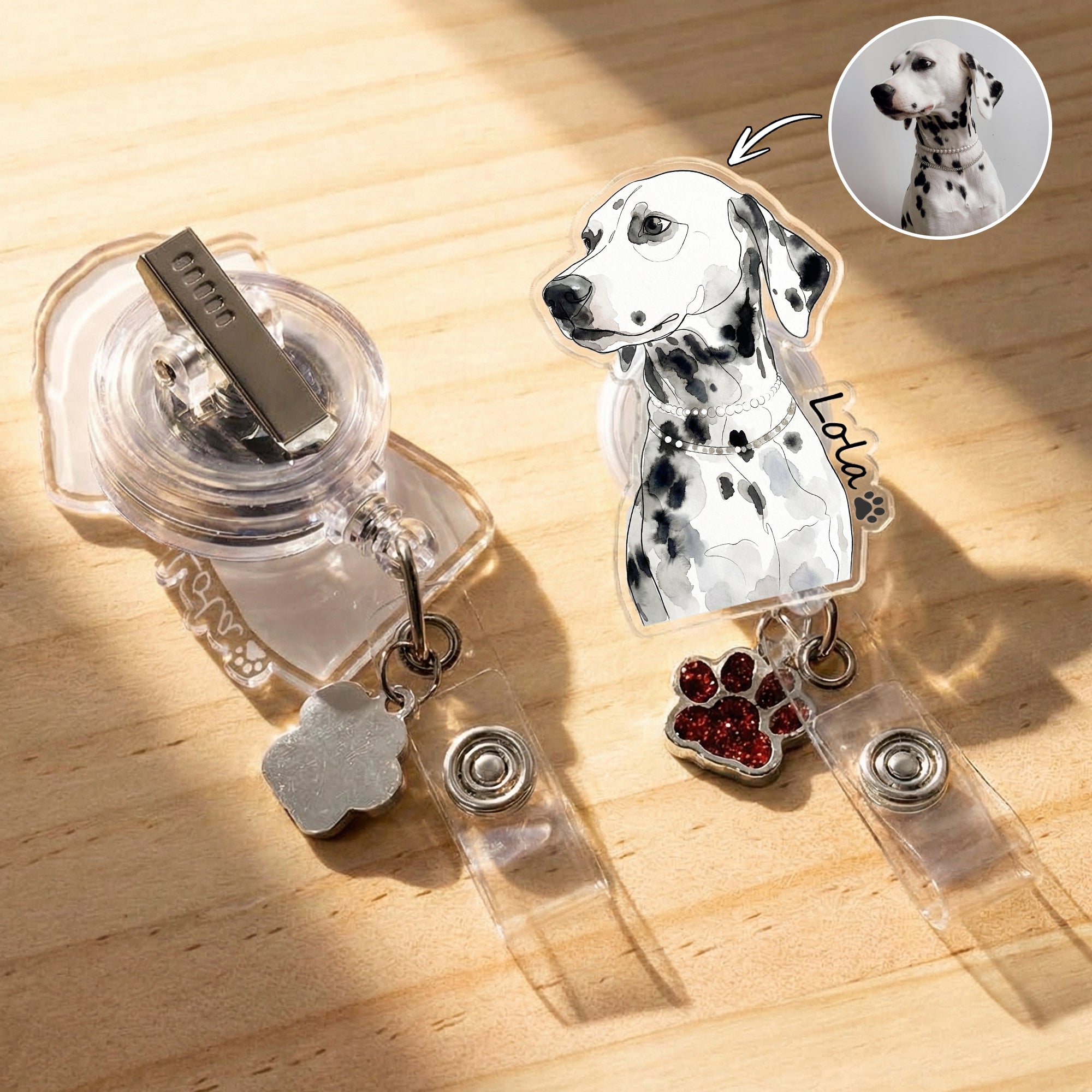 Acuarela personalizada 1-3 fotos de mascotas ID retráctil tarjeta de carrete con el nombre y el encanto de la pata Glitter regalo de cumpleaños para el personal médico amante de las mascotas