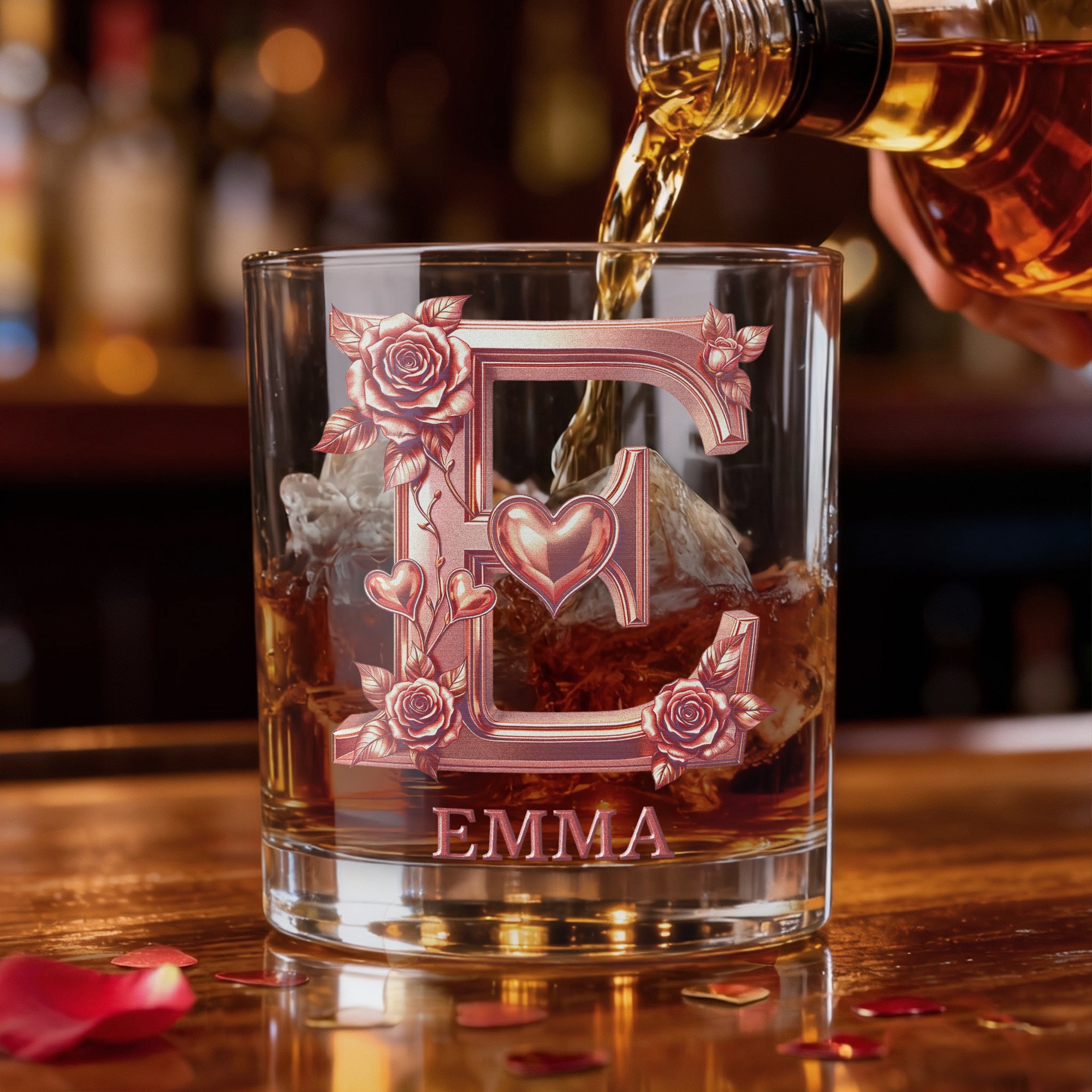 Vaso de Whisky Personalizado Rose Love Initial 10 oz Rock Whiskey Glass with Name Mother's Day Birthday Gift for Woman Whiskey Drinker Bartender