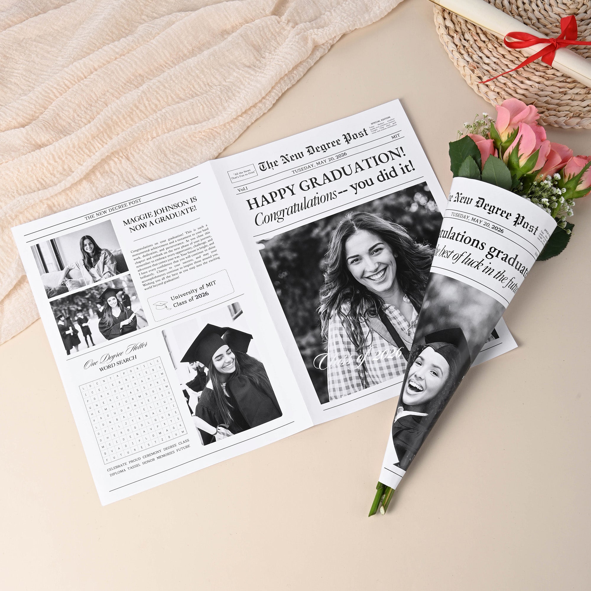 Periódico de Graduación Personalizado Papel de Envolver Vintage con Texto y Foto para Ramo de Flores Regalo de Graduación para Graduados de Secundaria Universidad