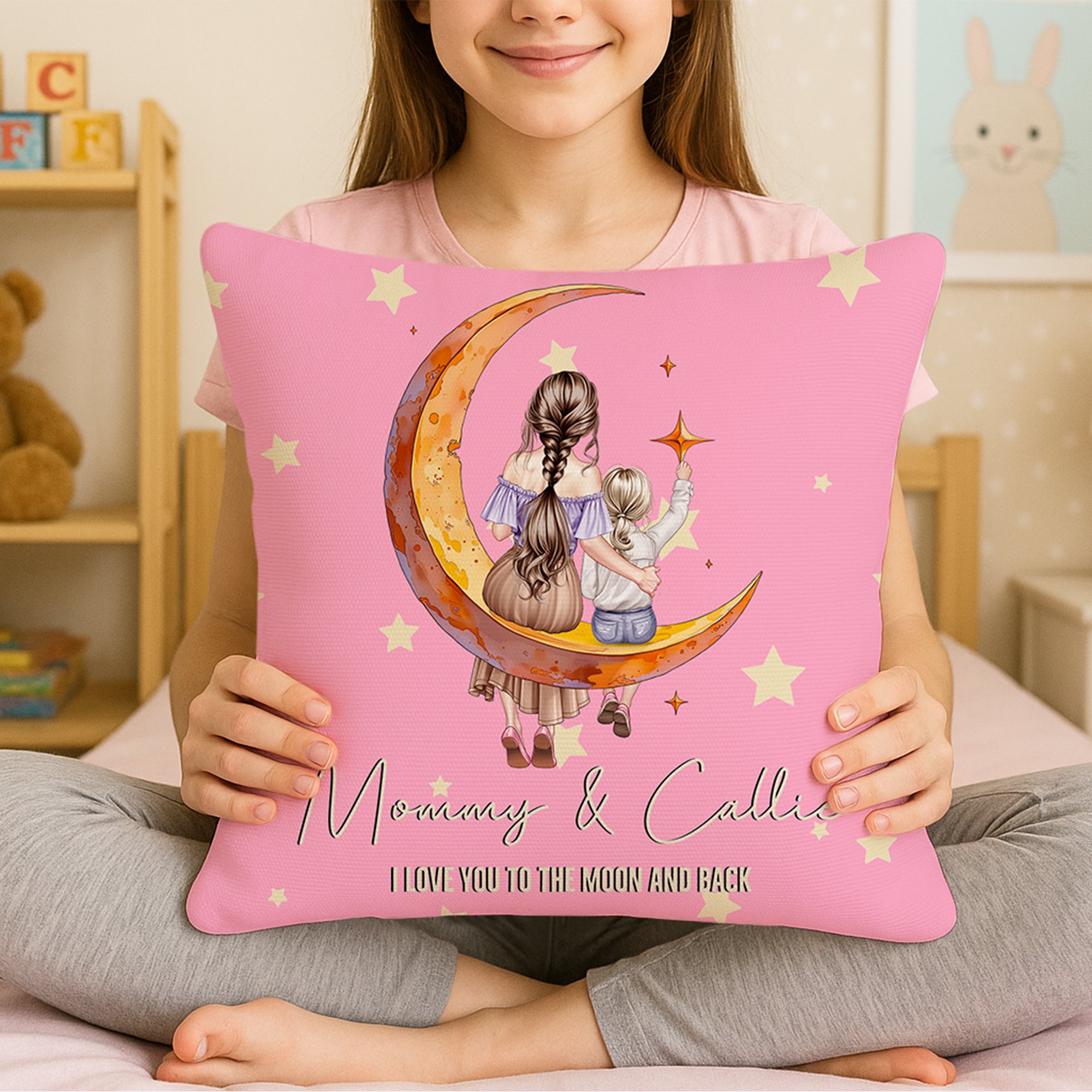 Funda de cojín personalizada con nombres y texto de mamá y niño en forma de estrella lunar de dibujos animados Decoración del hogar Regalo de cumpleaños para mamá y niño