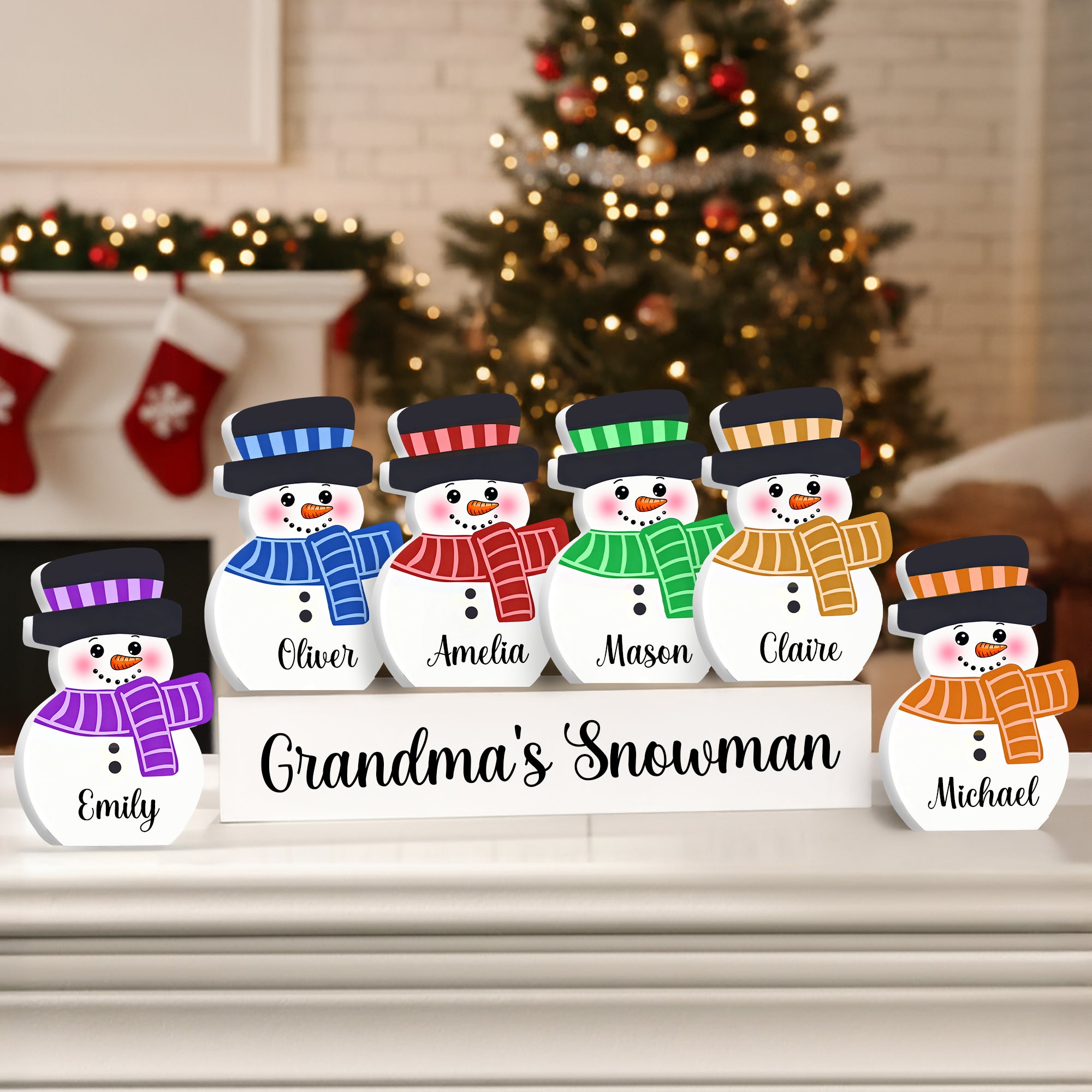 Decoración Personalizada 1-10 Muñecos de Nieve con Nombre y Base de Madera Decoración del Hogar Regalo de Navidad para la Familia