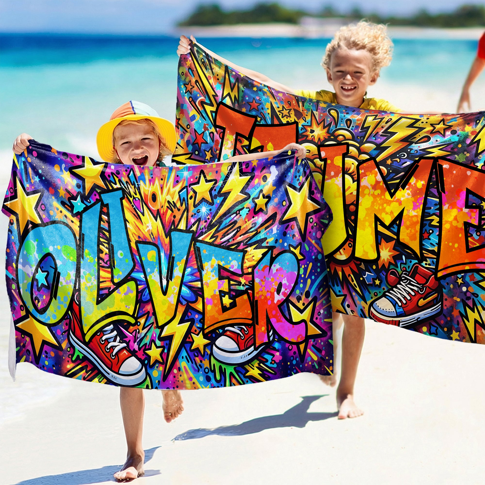 Toalla de playa personalizada de secado rápido con graffiti de estrella de deporte y nombre regalo de fiesta y cumpleaños para niños y familia
