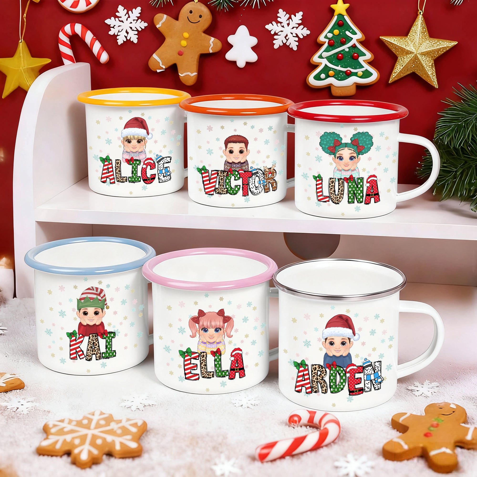 Taza esmaltada de 12 oz con borde de color y nombre Regalo de Navidad para niños y niñas