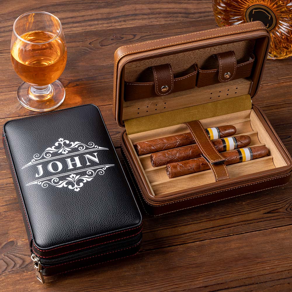 Estuche Humidificador de Puros Portátil de Cuero de PU con Monograma Personalizado con Nombre y Fecha Cumpleaños Boda Día del Padre Regalo para Hombres Entusiastas del Cigarro