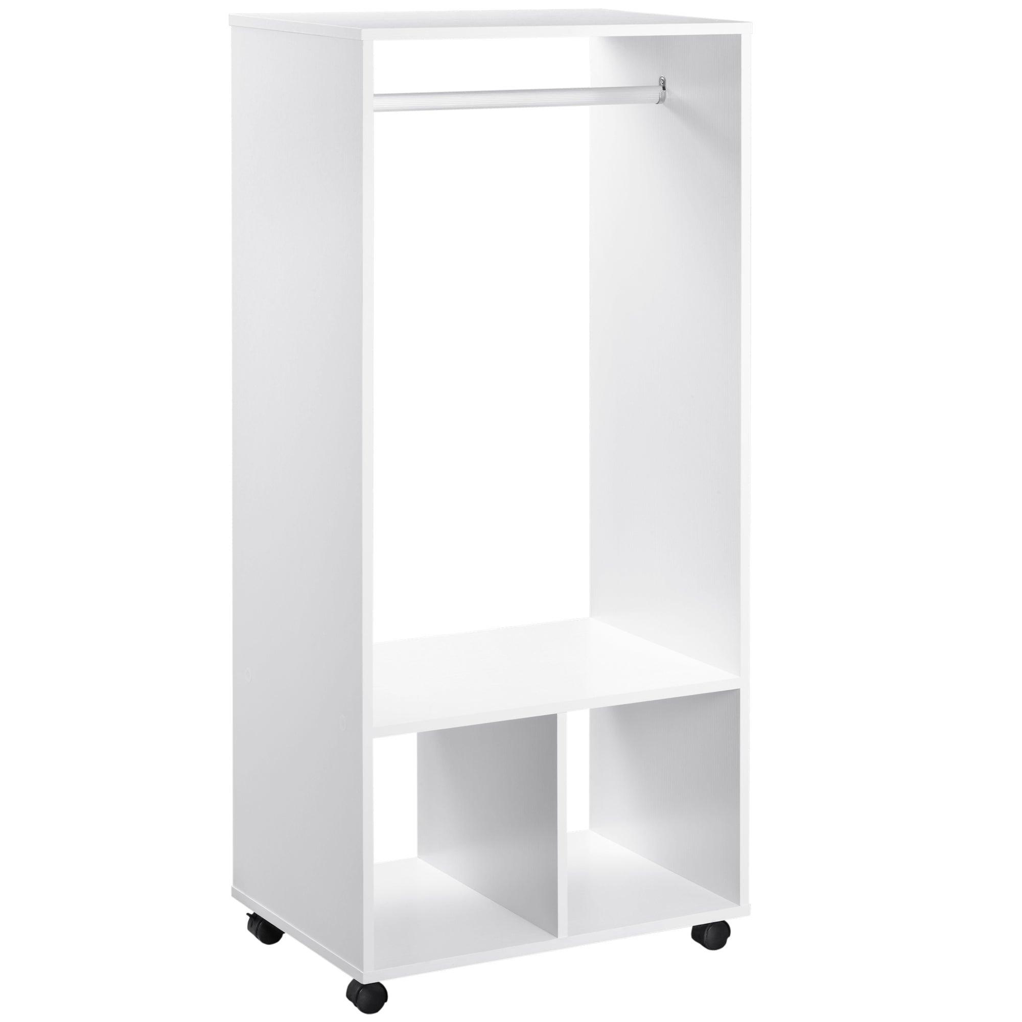 Open Wardrobe, Small Wardrobe on Wheels with Clothes Rail, 2 Storage Shelves, White