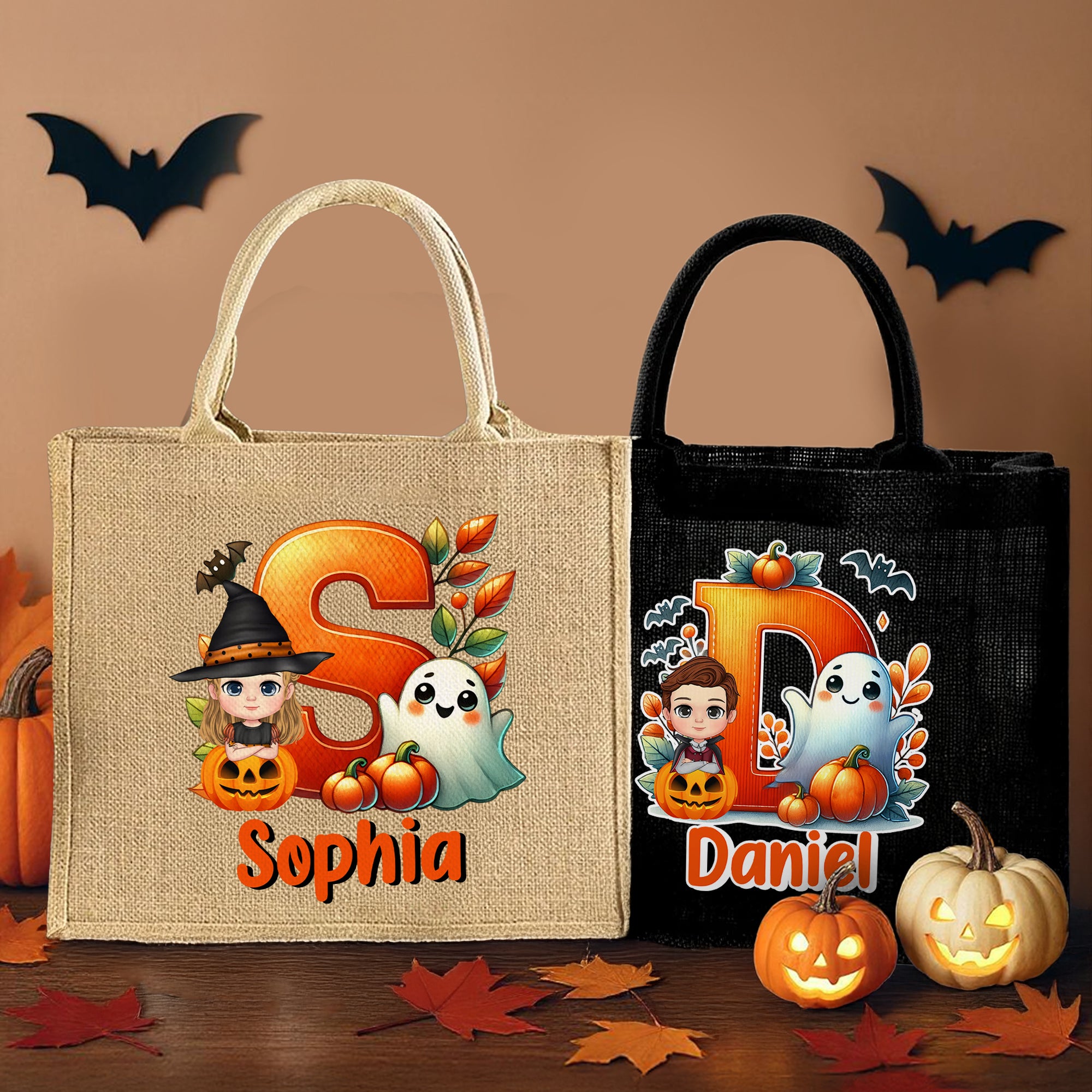 Personalizada Halloween Personaje de dibujos animados Fantasma Calabaza Inicial Grande Bolsa de asas con nombre Fiesta de Halloween Regalo para niños