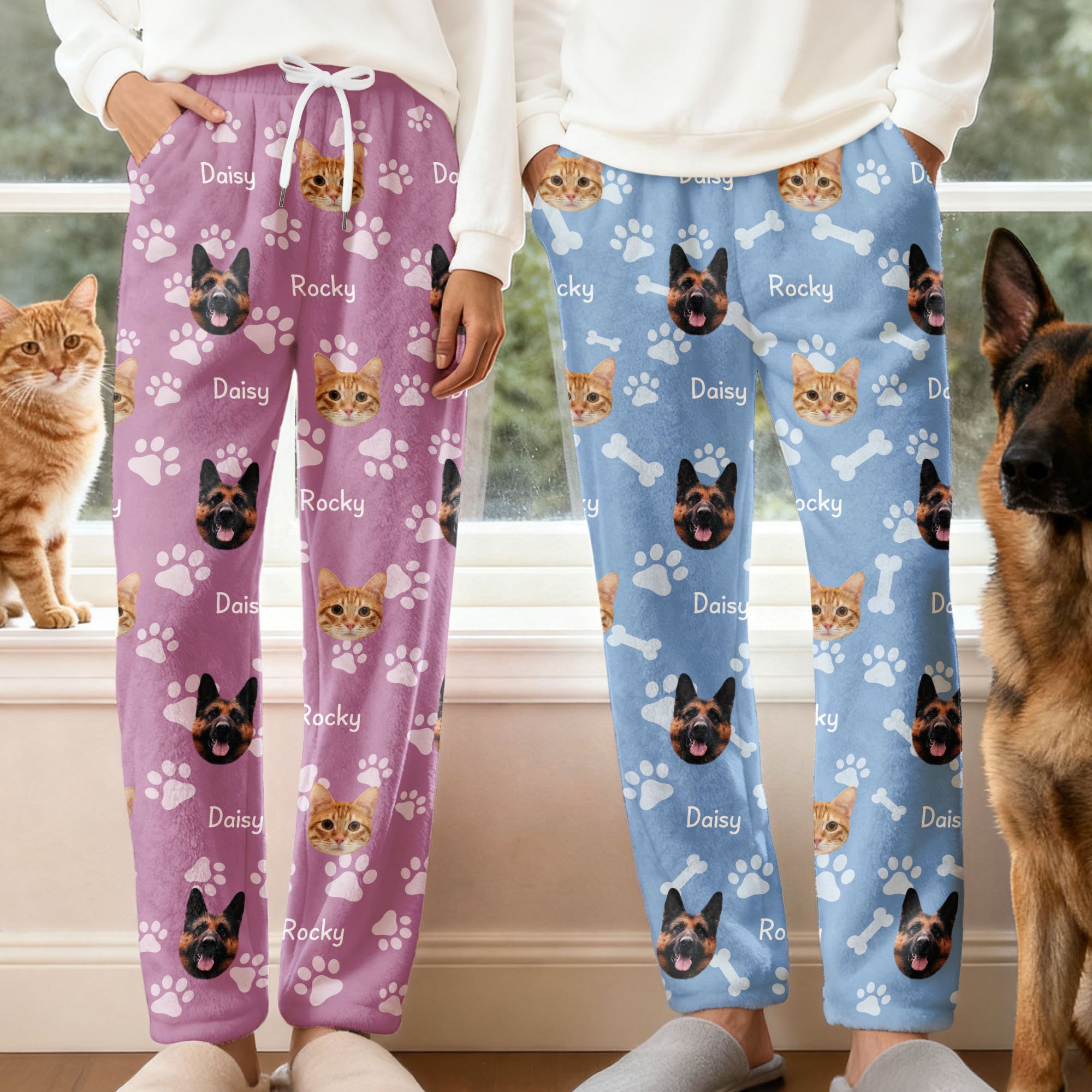 Personalizado Paw Print Multicolor Mujeres Hombres Pantalones de franela pijama con 1-3 fotos y nombres Fiesta Cumpleaños Regalo para Pet Lovers Propietarios