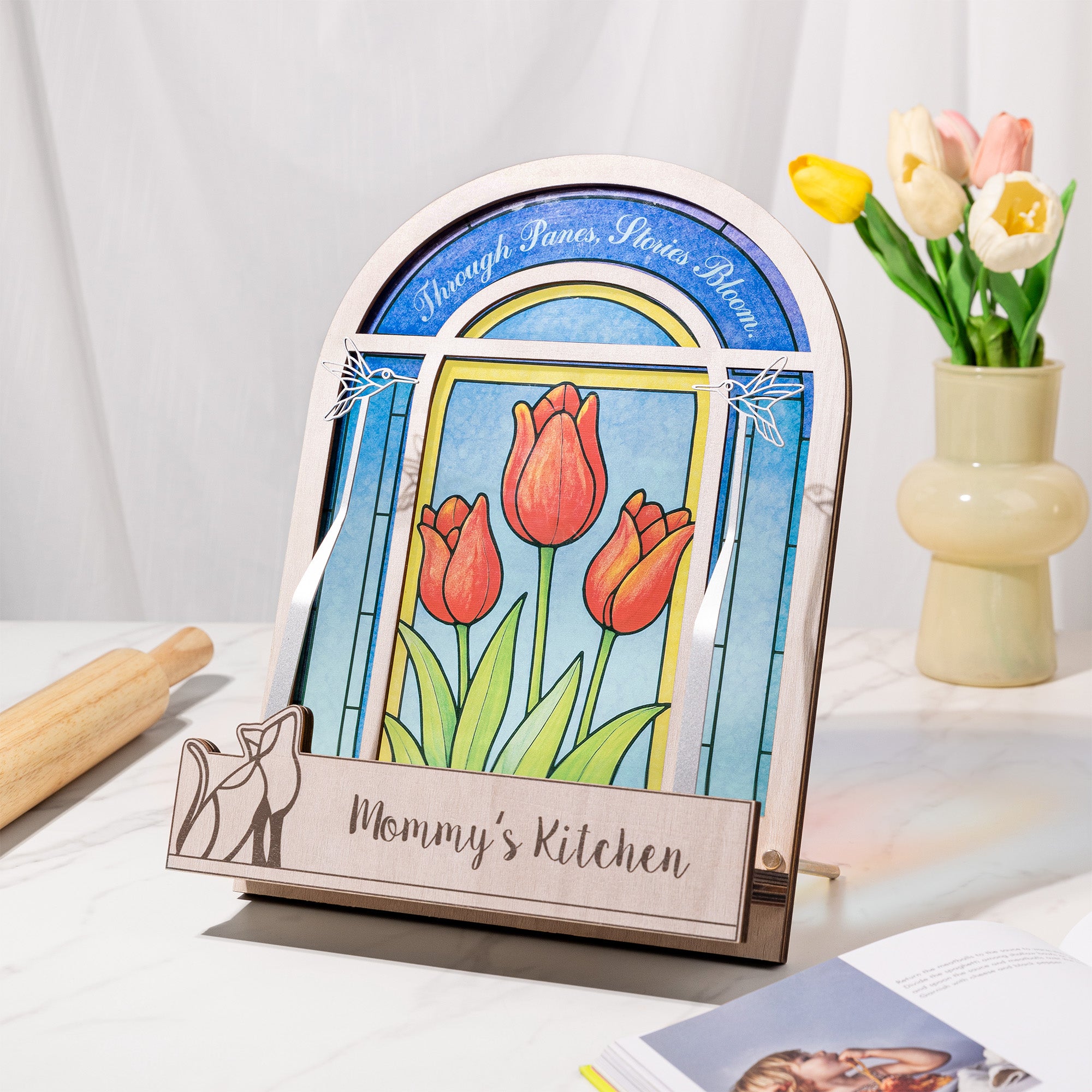 Personalizada Rose Tulip Vidrieras acrílico Cookbook Stand con el texto de Navidad Cumpleaños de regalo para los amantes de la cocina amante de la repostería
