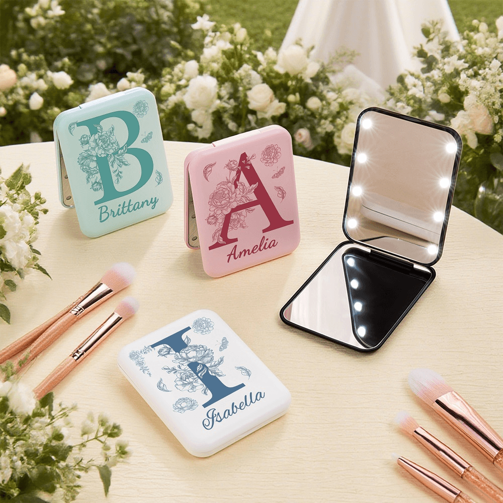 Espejo de maquillaje de doble cara personalizado con iniciales florales y nombre Cumpleaños Boda Despedida de soltera Regalo para mujer