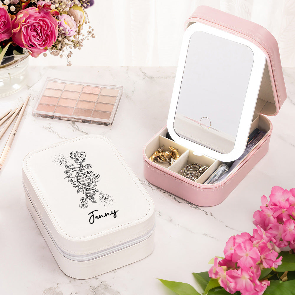 Personalizado ADN Nacimiento Flor Caja de joyería con el nombre y el cambio de color LED Espejo de maquillaje Día de la Madre Regalo de cumpleaños para el personal médico médico