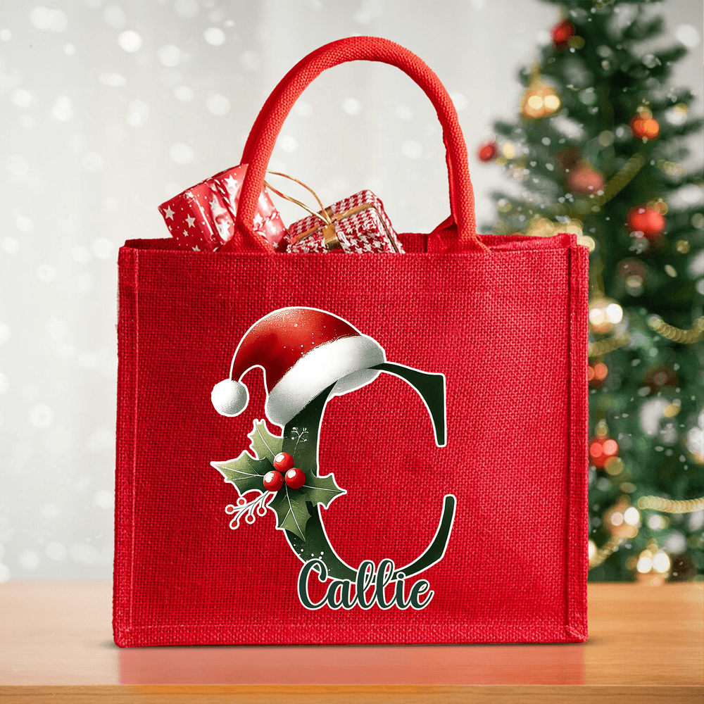 Gorro de Papá Noel de campana personalizado Bolsa de yute roja de gran capacidad con inicial y nombre Fiesta de Navidad Regalo para niños Adultos