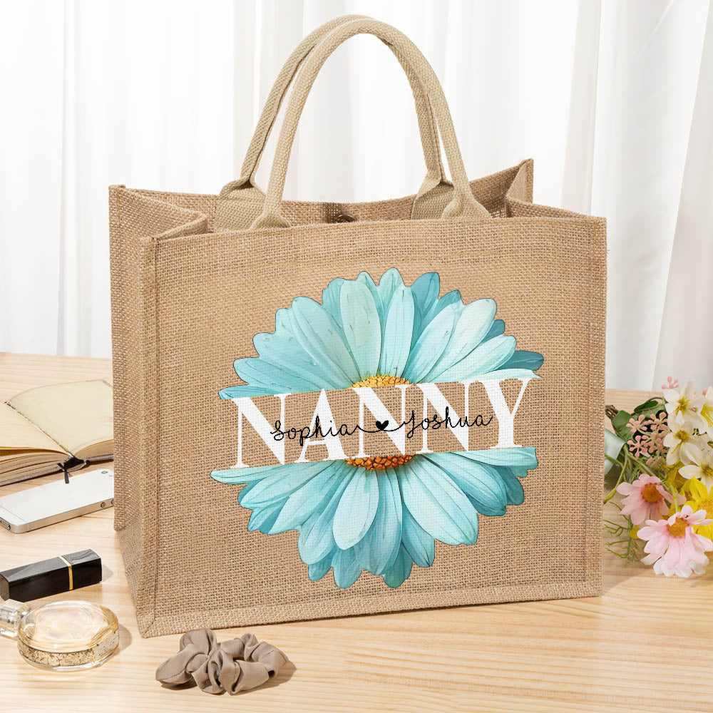 Bolsa de yute de gran capacidad Daisy azul claro personalizada con 1-8 nombres Regalo de cumpleaños para mamá en el Día de la Madre