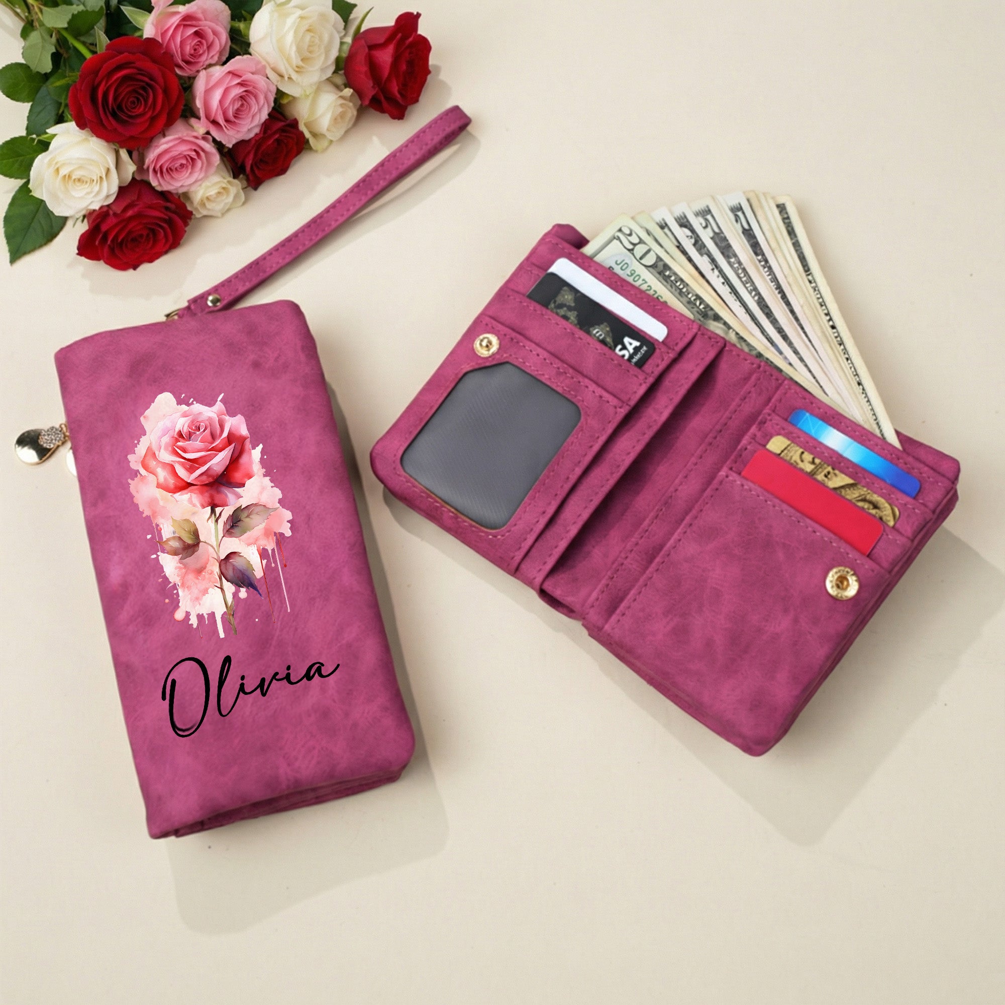 Personalizada Nacimiento Flor PU Cuero Tri-Fold Cartera con correa de muñeca y el nombre Día de la Madre Cumpleaños Regalo para Mamá Abuela