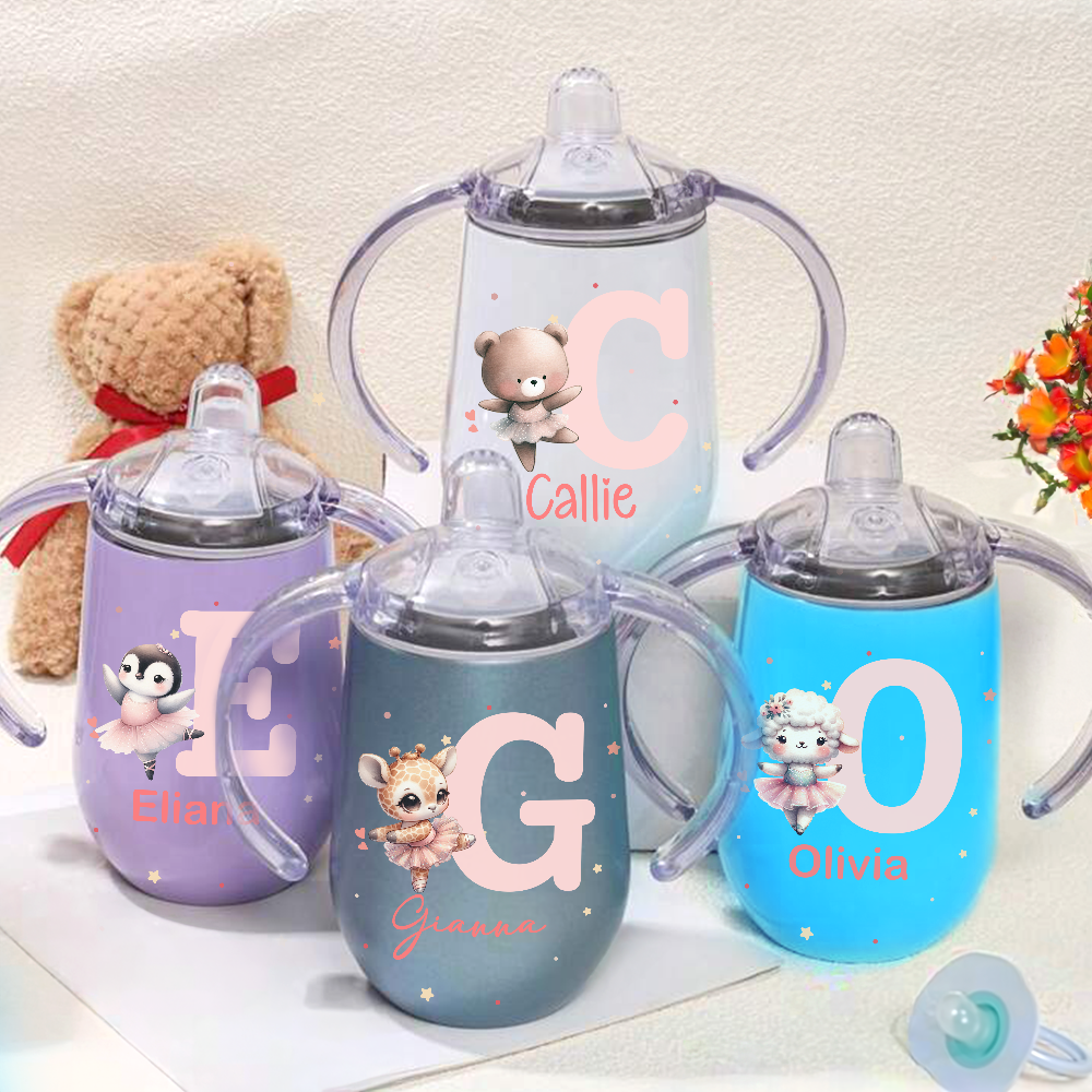 Taza aislante con tapa y asa personalizada con las iniciales del osito ballet oveja animal 10 oz regalo de cumpleaños Baby Shower para niños pequeños
