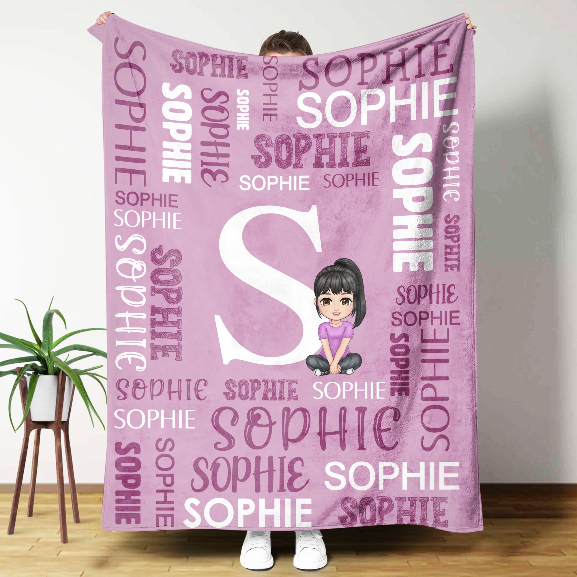 Nube de palabras familiar personalizada Personaje de dibujos animados Manta suave con nombre e inicial Decoración del hogar Regalo de cumpleaños para amigos de la familia