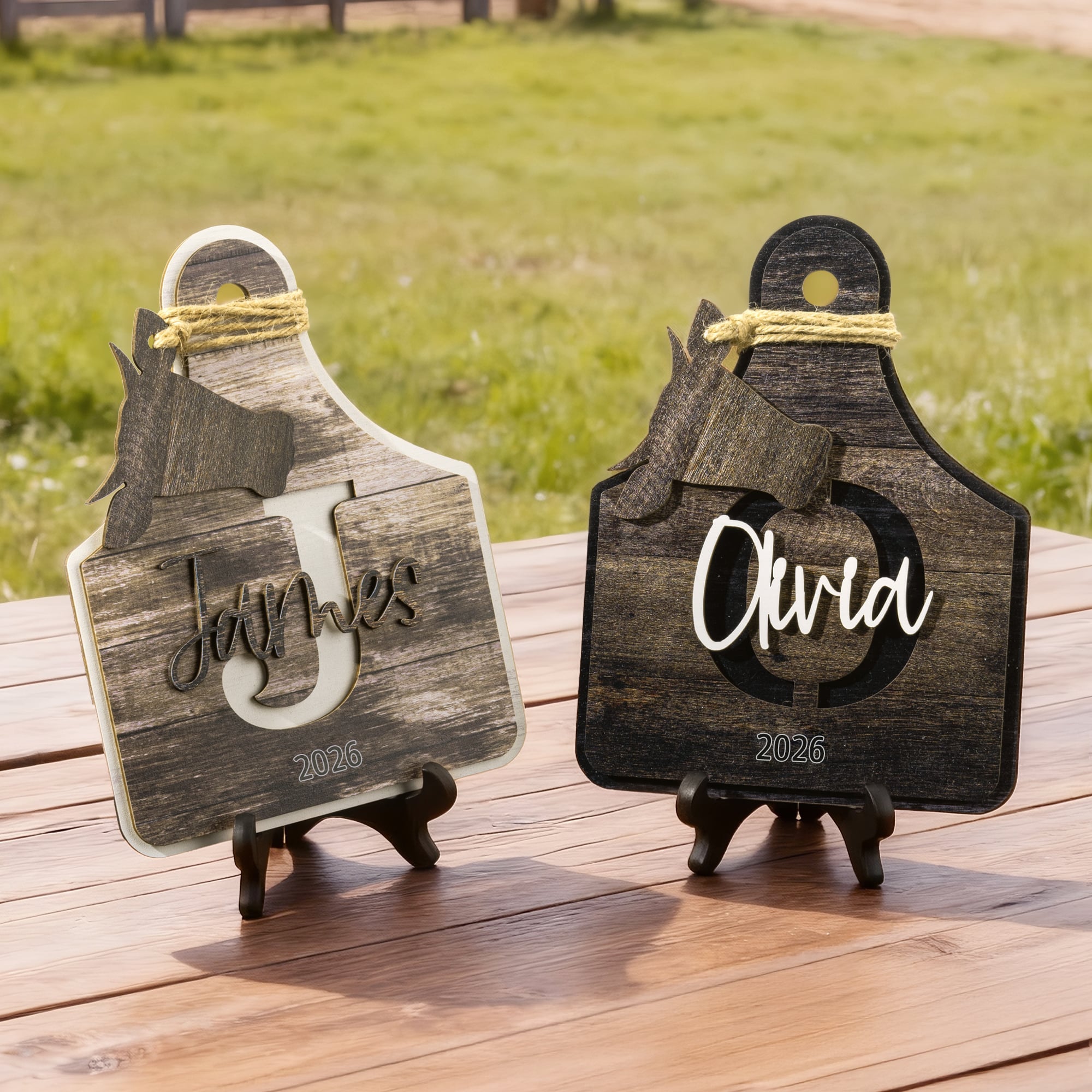 Etiqueta de escritorio de madera con nombre y soporte Decoración de granja Regalo de cumpleaños para los amantes de las vacas Framers