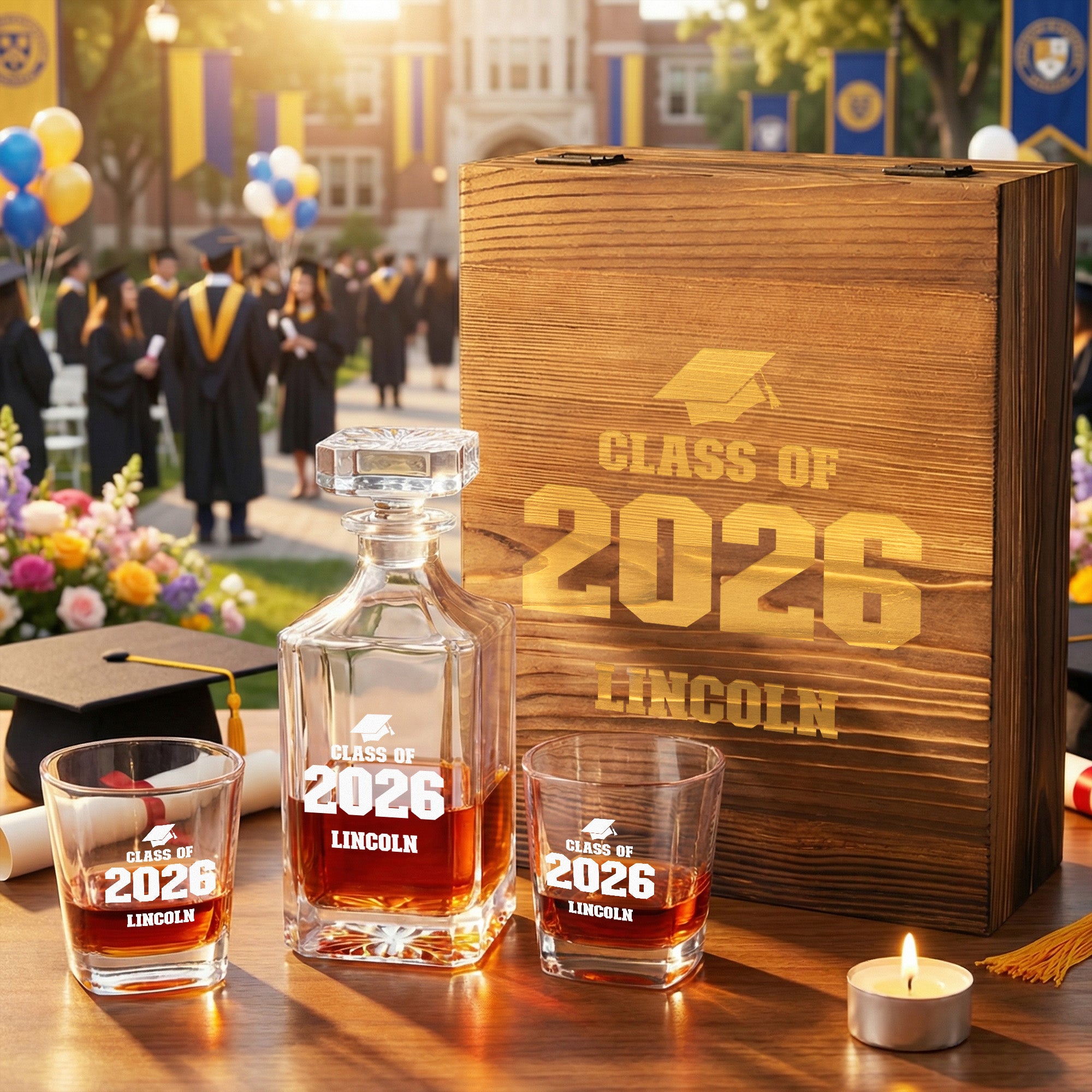 Graduación Grabado Personalizado Cap Whiskey Decanter Copas Caja de Madera Set con Nombre y Año Fiesta de Graduación Cumpleaños Regalo para Graduados Profesores