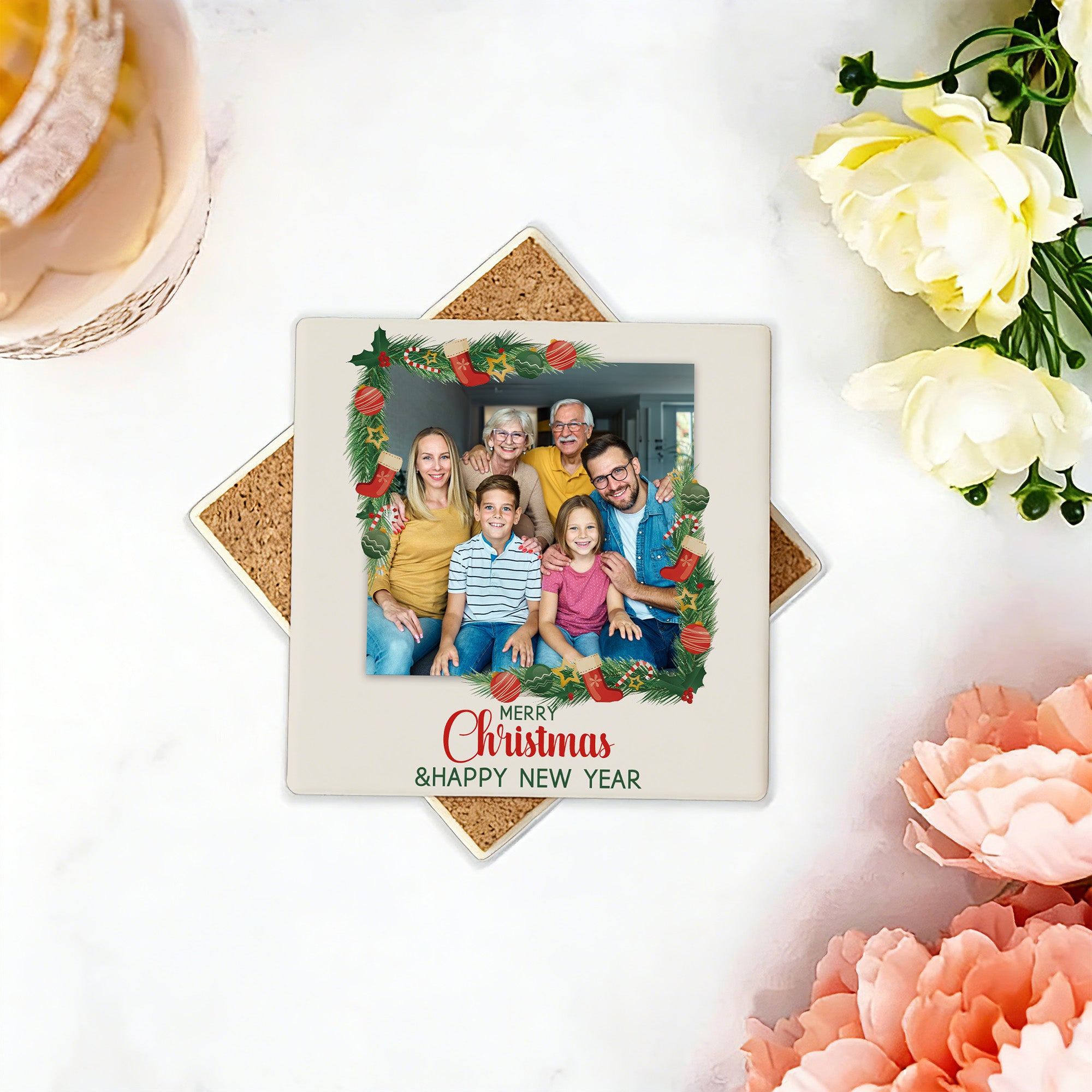 Guirnalda de bayas rojas personalizada Foto de recuerdo Posavasos cuadrado de cerámica con texto Decoración del hogar Regalo de Navidad para amigos Familia