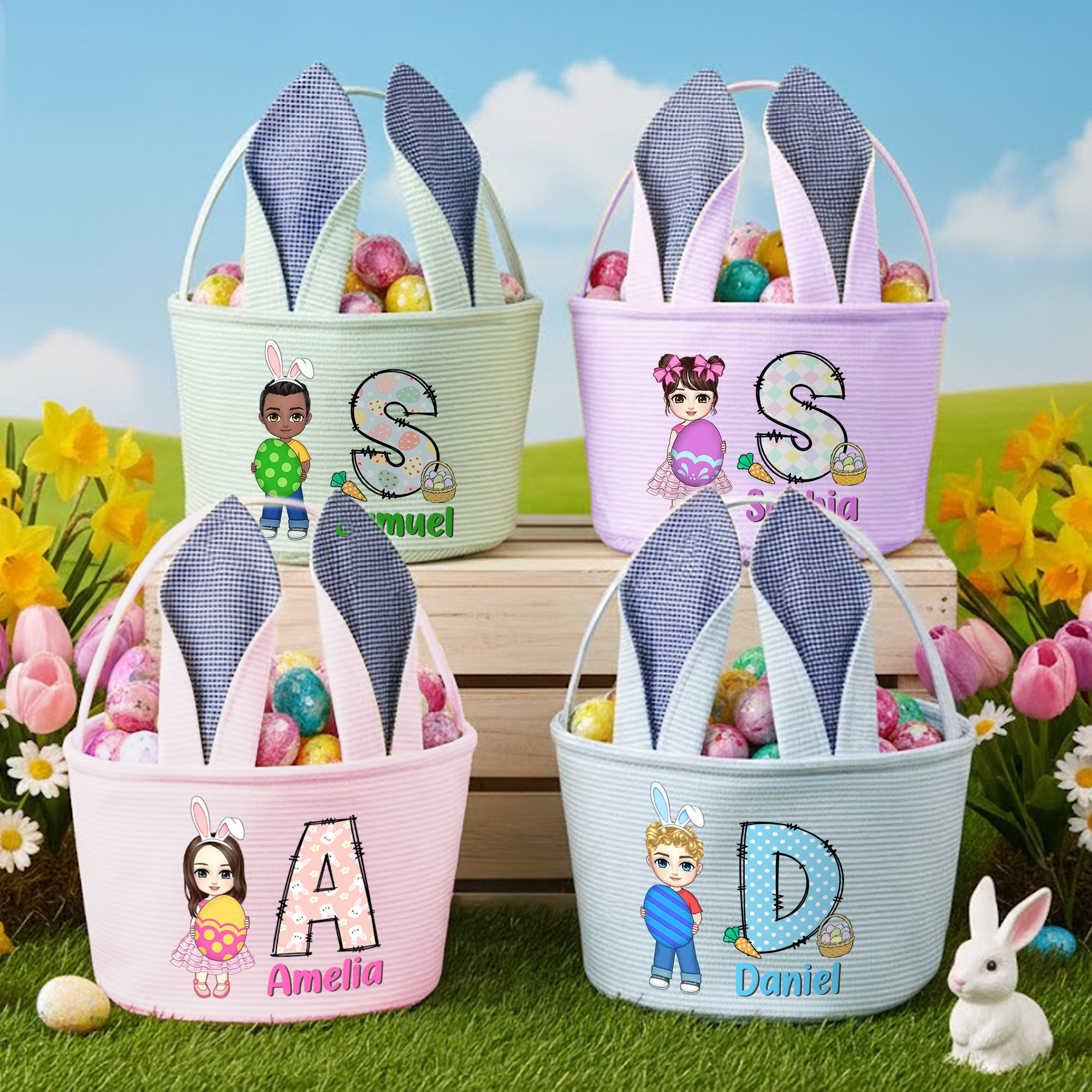 Huevo de Pascua personalizado Personaje de dibujos animados a rayas Cesta de Pascua con nombre e inicial Fiesta de Pascua Huevos de caza Regalo para niños