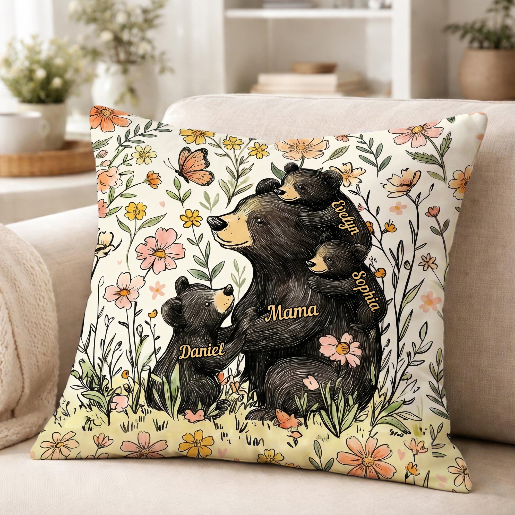 Flor personalizada lindo oso mamá y 1-5 osos bebé suave almohada cubierta con nombres decoración de la habitación regalo del día de la madre para mamá