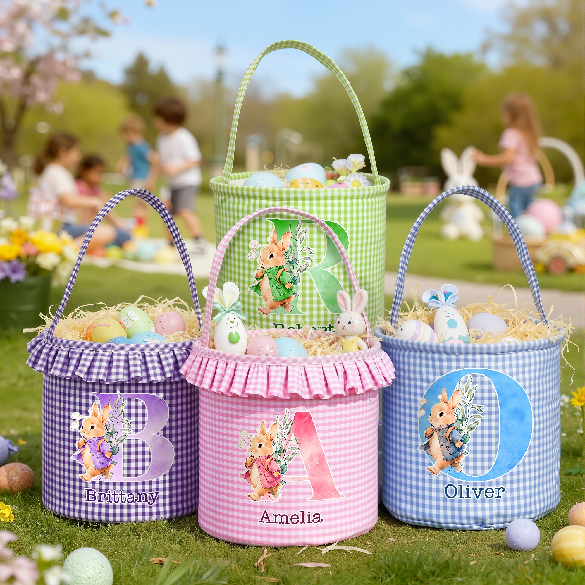 Conejito de Pascua personalizado Cesta de Pascua a cuadros con nombre y volantes Fiesta de caza de huevos Regalo de Pascua para niños