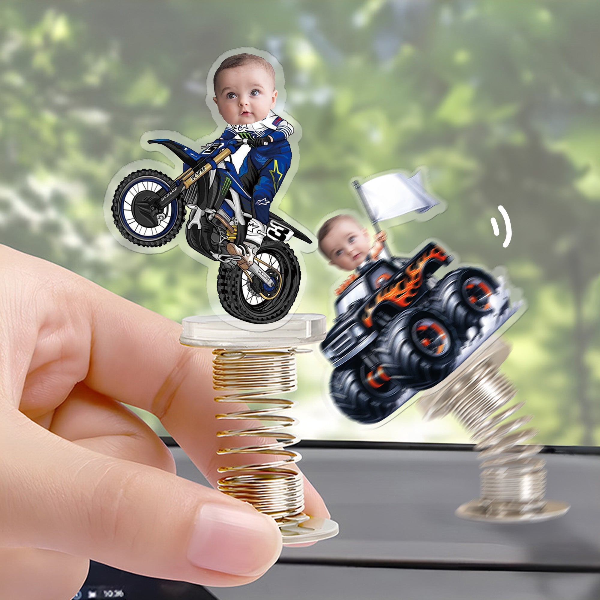 Cara personalizada Foto Motocicleta Primavera Acrílico Adorno de coche Regalo de cumpleaños para los propietarios de automóviles de la familia
