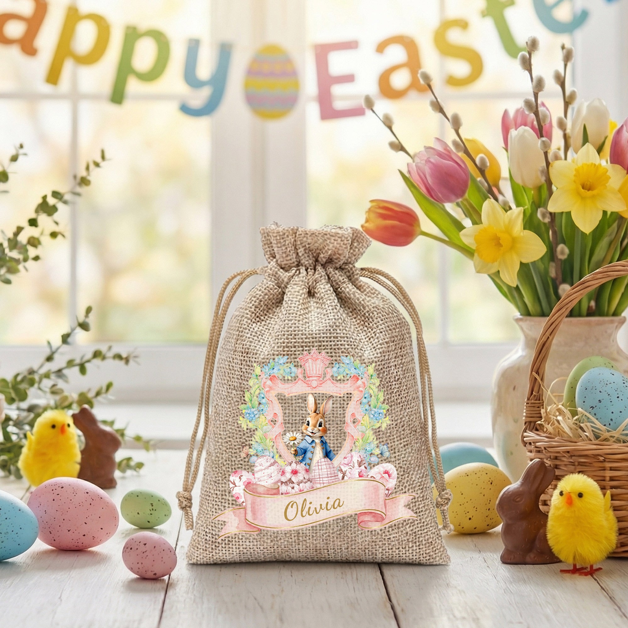 Conejito de Pascua Personalizado Cinta Floral de Yute con Nombre Bolsa de Regalo con Cordón Fiesta de Caza para Niños Niñas