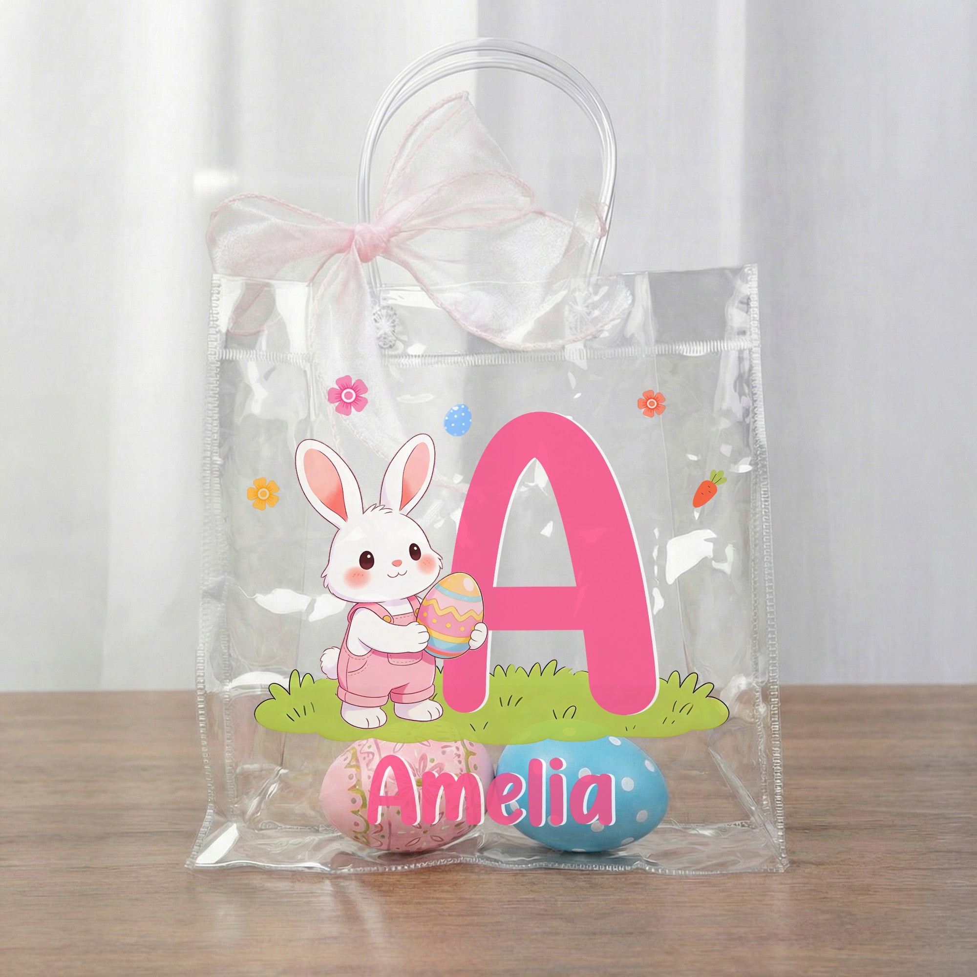 Huevo de Pascua Personalizado con Lazo Rosa Conejito Bolsa de Regalo Transparente con Nombre e Inicial Regalo de Pascua de Uso Diario para Niños Niñas Niños