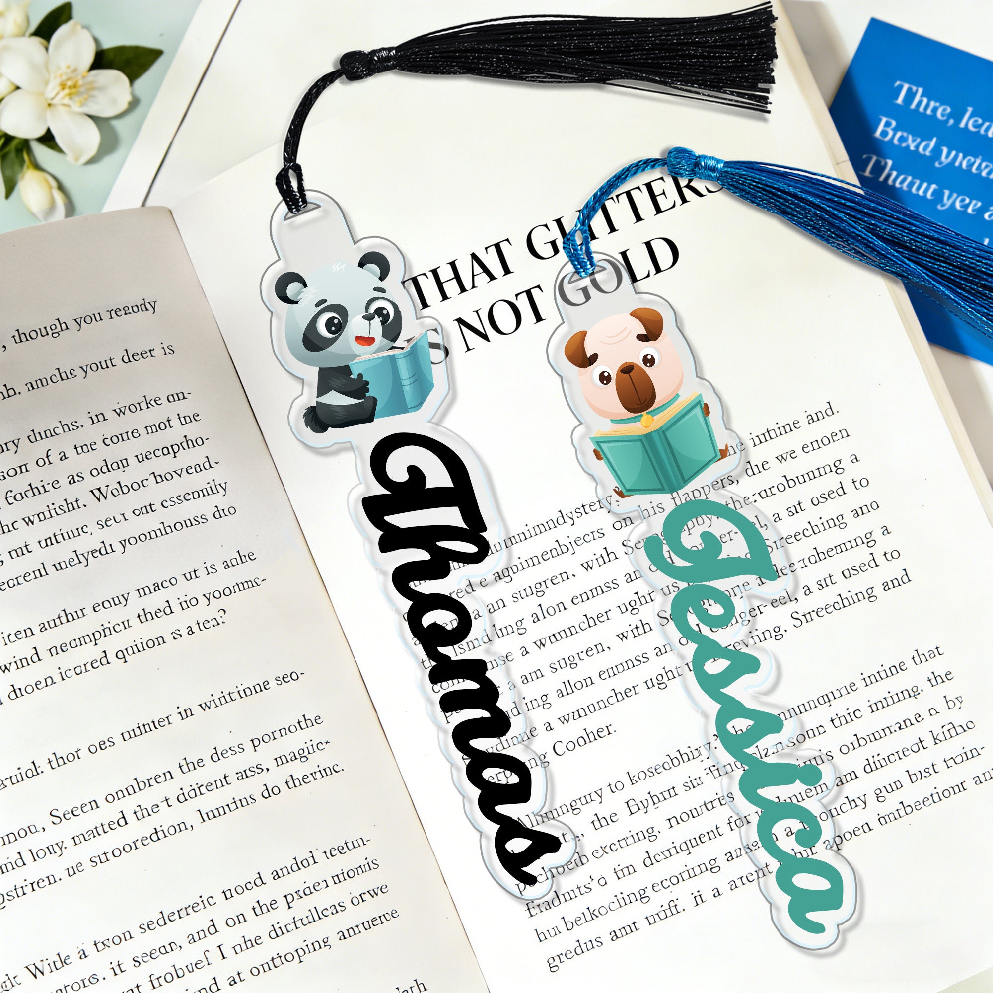 Marcapáginas acrílico personalizado de animales con nombre y borla Material de lectura Regalo de cumpleaños para amantes de los libros Ratones de biblioteca