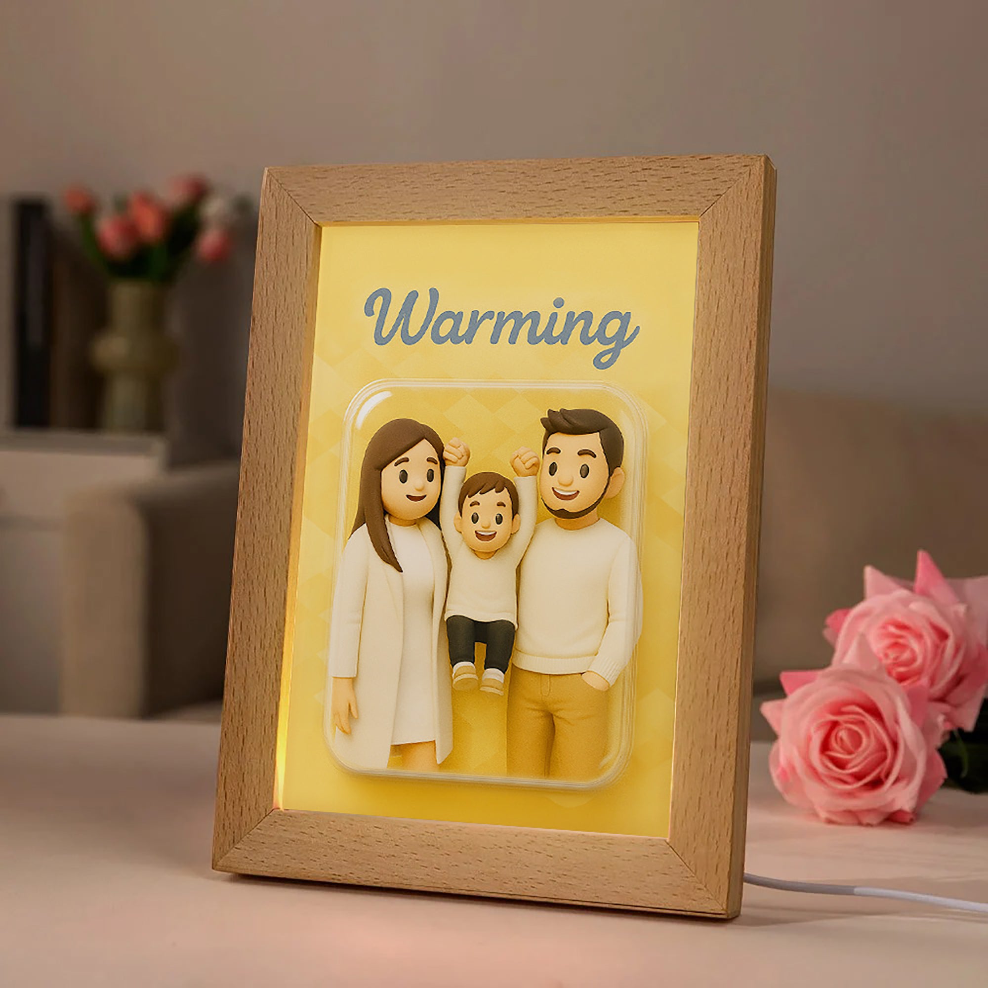 Personalizado Divertido 3D Personaje Foto Marco Acrílico LED Luz de Noche con Base de Madera y Título Decoración del Hogar Regalo de Cumpleaños para la Familia Amante de las Mascotas