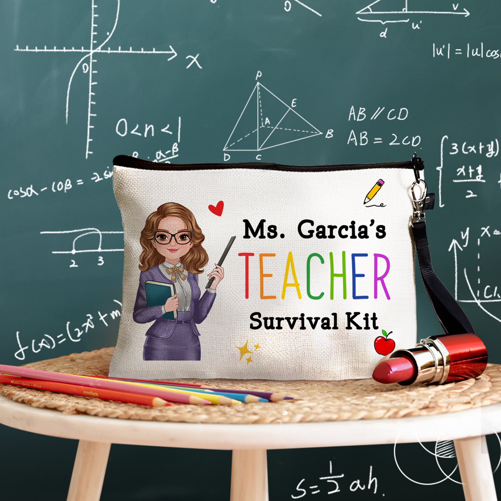Neceser de Maquillaje Personalizado de Dibujos Animados de Maestros con Texto y Correa de Muñeca Accesorio de Viaje Regalo de Agradecimiento para Maestros en el Día del Maestro