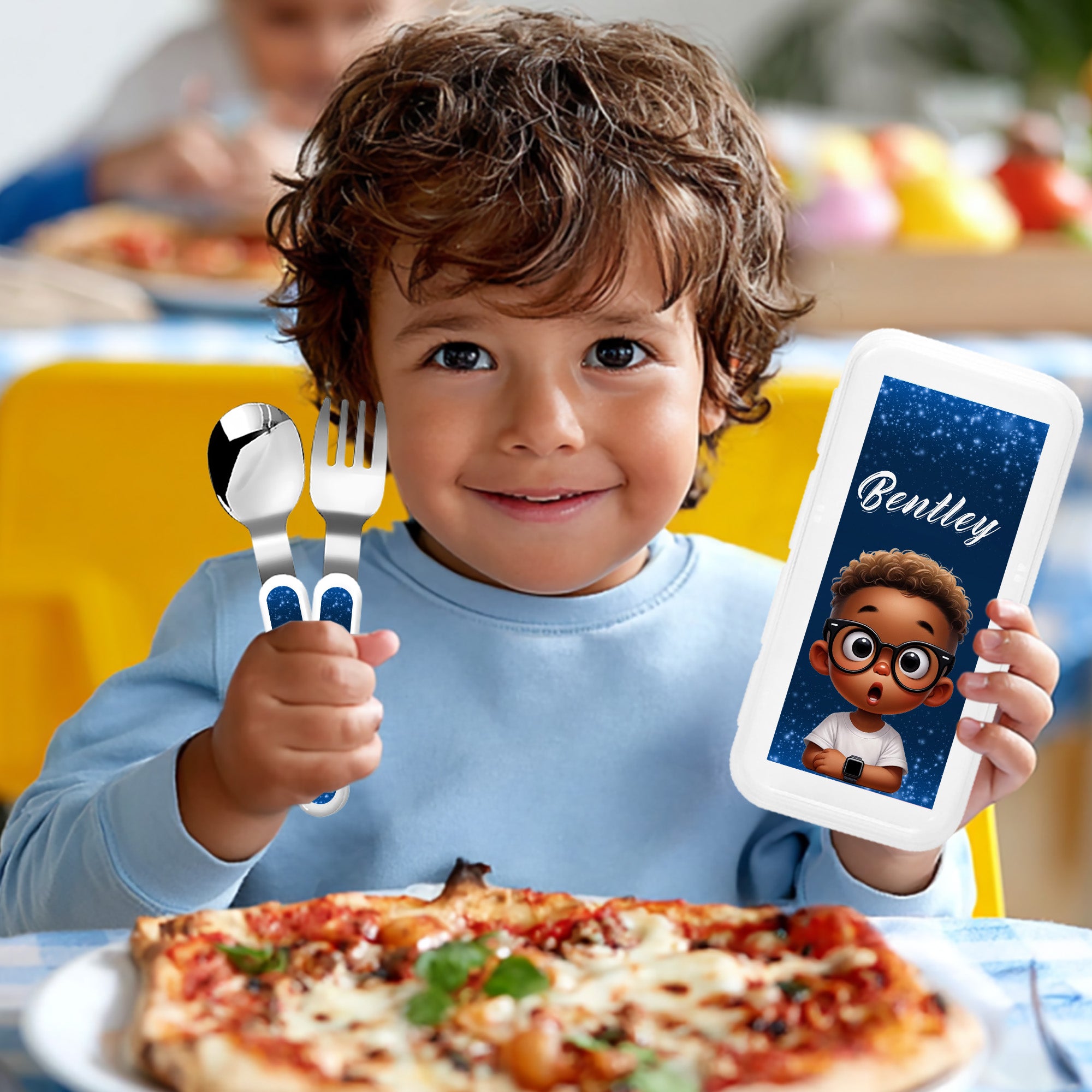 Juego de cubiertos de 3 piezas personalizado de dibujos animados en negro para niño niña tenedor cuchara cuchillo con nombre y estuche de uso diario regalo de cumpleaños escolar para niños