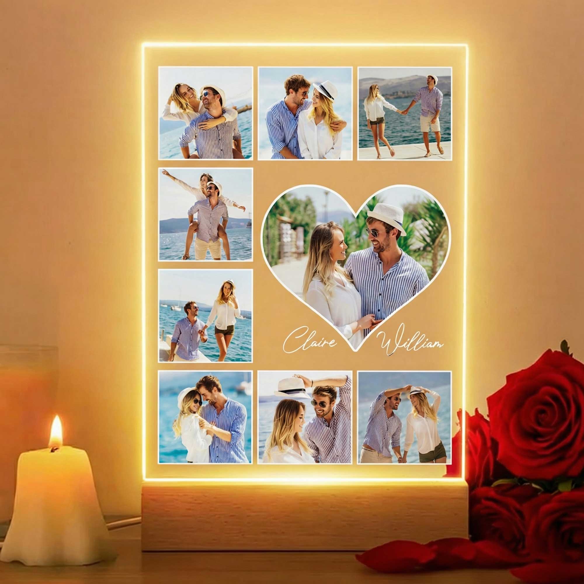 Corazón Personalizado 5-9 Fotos Acrílico LED Luz de Noche con Nombre y Base de Madera Decoración del Hogar Día de San Valentín Regalo de Aniversario para Pareja