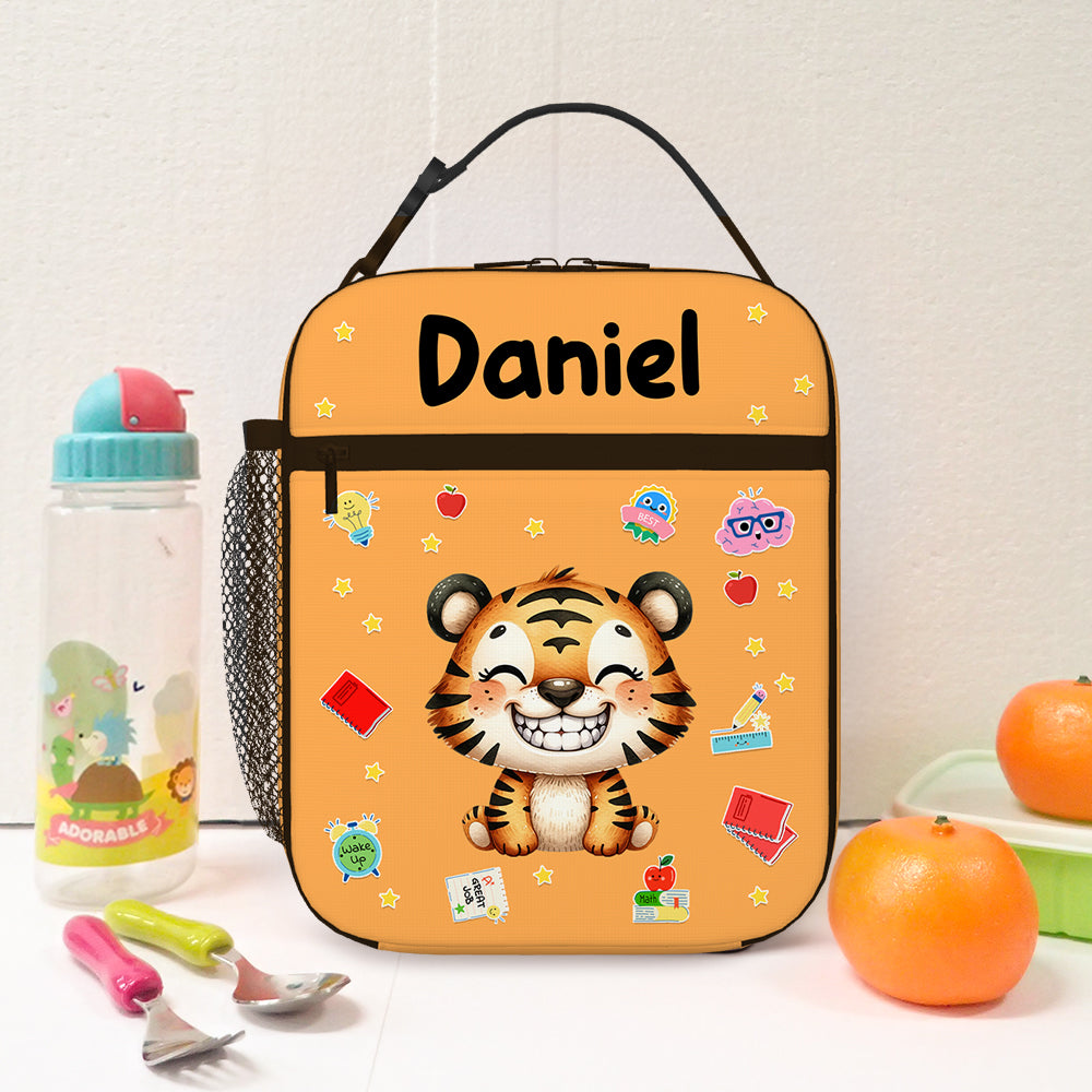 Bolsa isotérmica personalizada de dibujos animados de animales sonrientes con nombre para el almuerzo diario de viaje de vuelta al cole Regalo de cumpleaños para niños Niñas