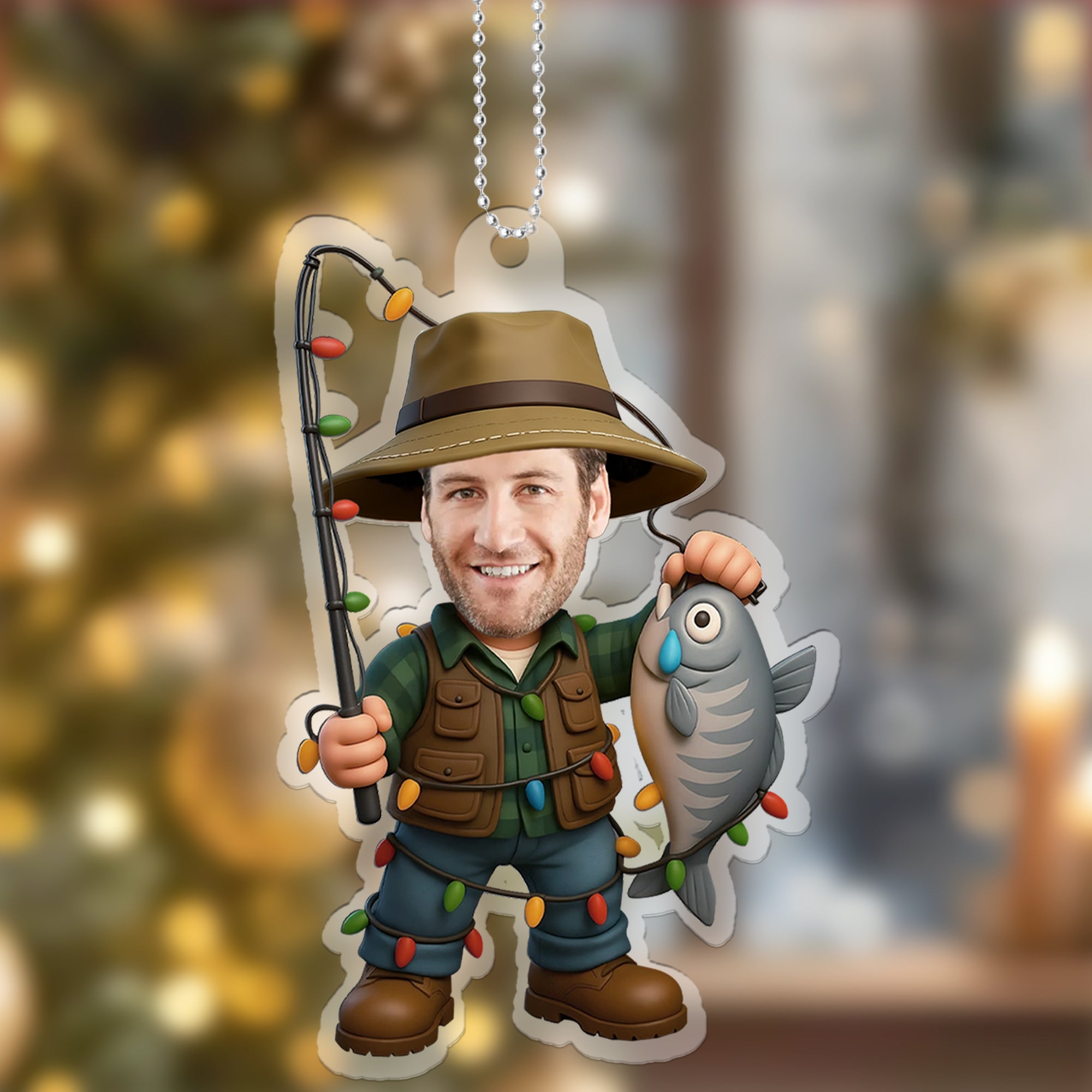 Adorno de Navidad de acrílico personalizado con la cara de un pescador Regalo de Navidad para hombres entusiastas de la pesca
