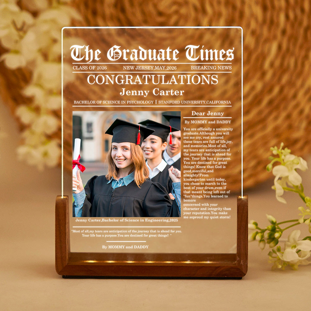 Foto personalizada estilo periódico Mensaje de los padres Luz nocturna LED con nombre Año y base de madera Decoración de la habitación Recuerdo Regalo de graduación para graduados