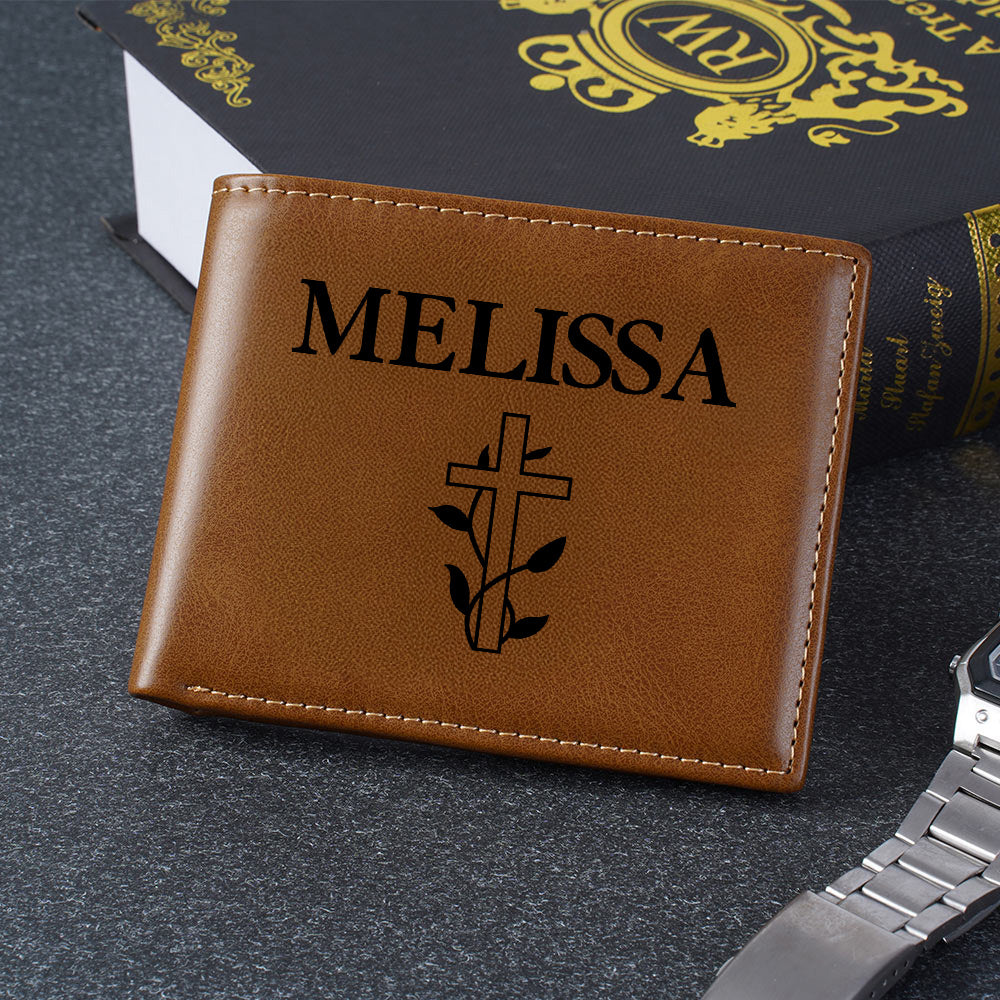 Cruz personalizada PU Cartera de cuero con el nombre religioso Bautismo Primera Comunión de regalo para los hombres cristianos