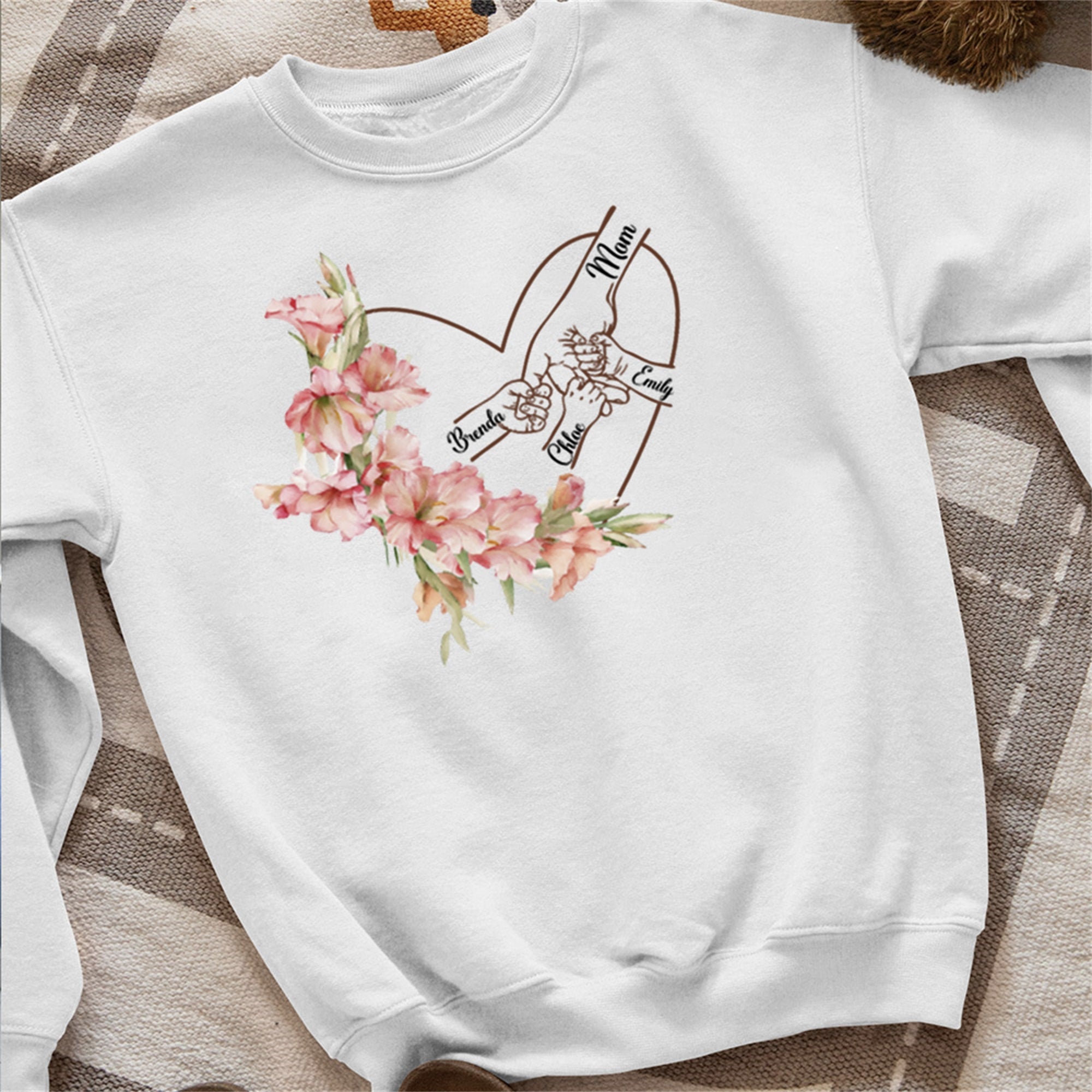 Sudadera Sudadera Multicolor Personalizada Mamá y Niños Manos Corazón Flor de Nacimiento con Nombres Día de la Madre Día de los Caídos Regalo para Mamá Abuela