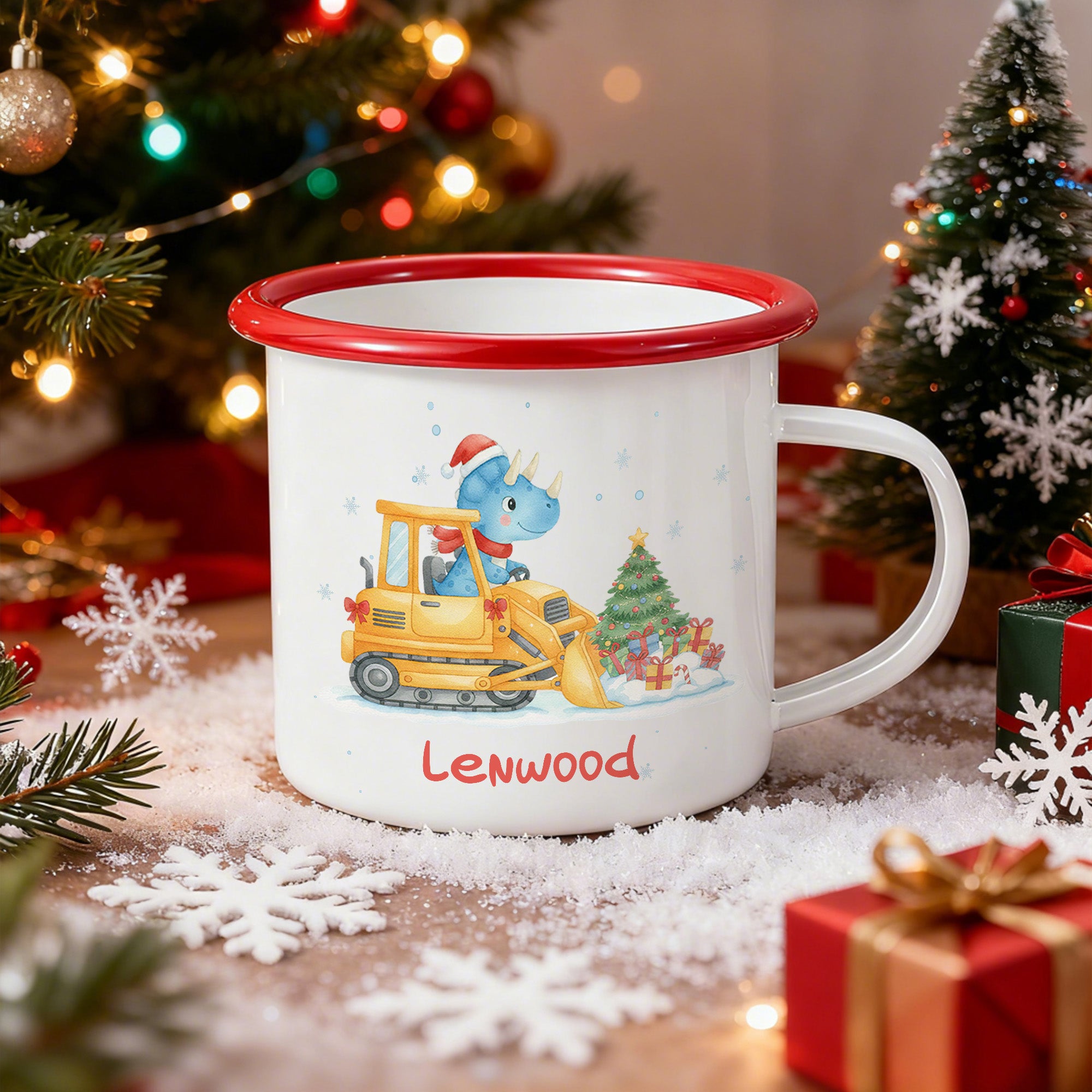Taza esmaltada multicolor de 12 oz con el nombre de un simpático dinosaurio, regalo de Navidad para niños