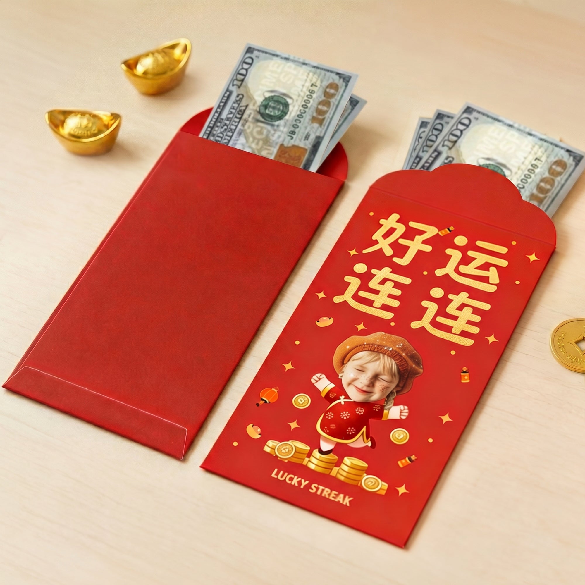 Sobre rojo personalizado con el nombre de la cara del caballo de la foto del estilo chino del regalo del día del Año Nuevo Lunar para los niños de los amigos