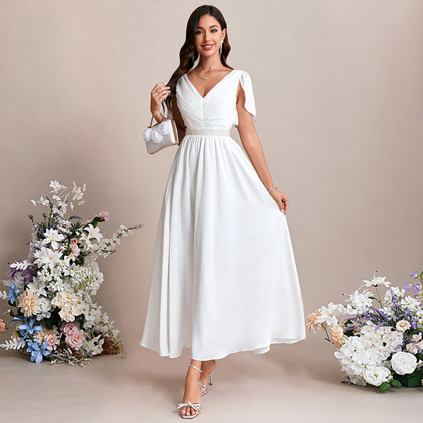 Bridal Wedding Dress White Flutter Sleeve Long V-Neck A-line Satin